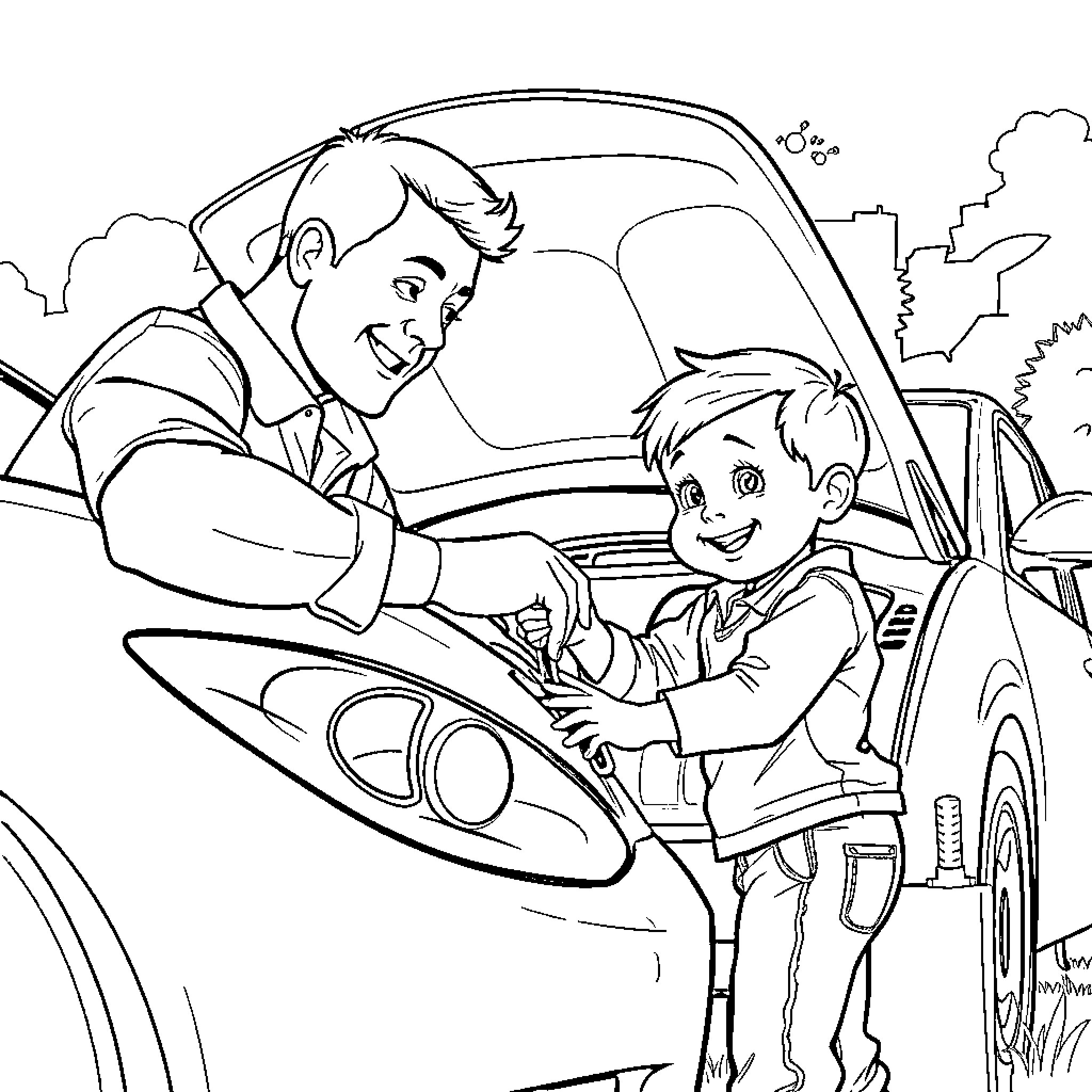 Boy exploring car with father Coloring Page (free black-and-white line drawing printable PDF for all, from beginners to advanced learners, including children, teens, adults, and seniors)