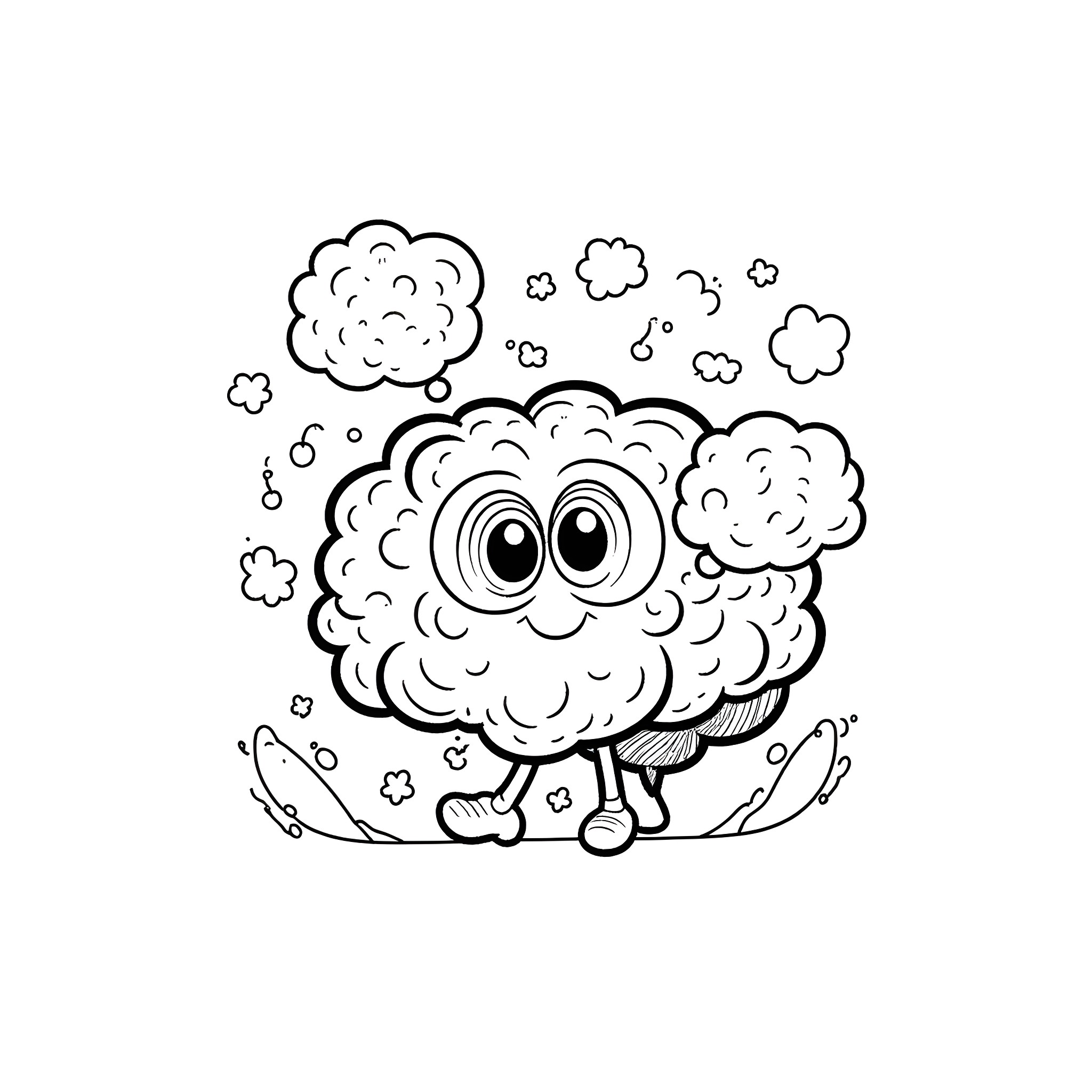 Brain-shaped character walking in a cloudy environment Coloring Page (free black-and-white line drawing printable PDF for all, from beginners to advanced learners, including children, teens, adults, and seniors)