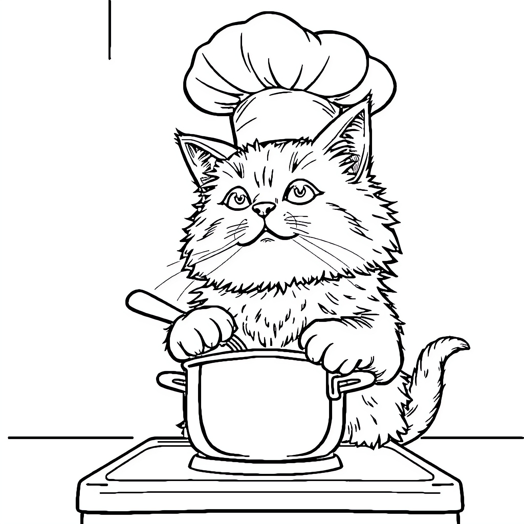 Cat Chef Stirring Pot in the Kitchen Coloring Page (free black-and-white line drawing printable PDF for all, from beginners to advanced learners, including children, teens, adults, and seniors)