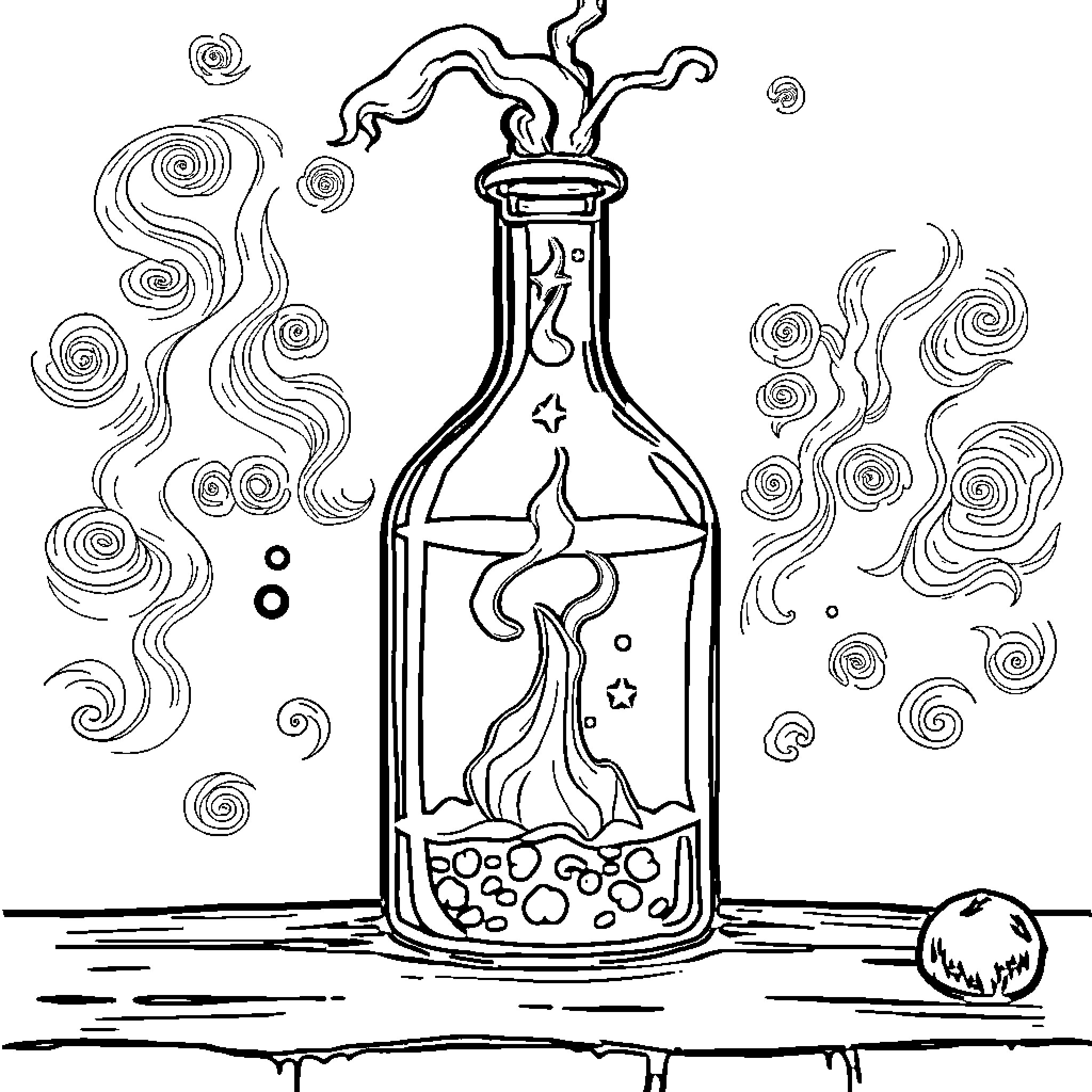 Potion bubbling with mystical elements Coloring Page (free black-and-white line drawing printable PDF for all, from beginners to advanced learners, including children, teens, adults, and seniors)