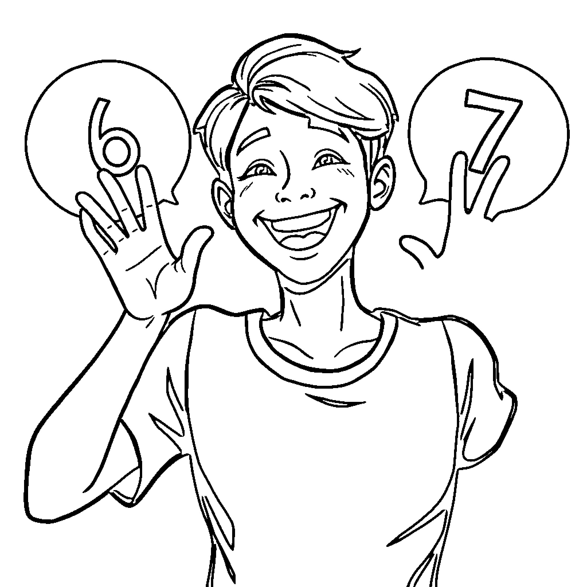 Person showing numbers with hands and smiling happily Coloring Page (free black-and-white line drawing printable PDF for all, from beginners to advanced learners, including children, teens, adults, and seniors)