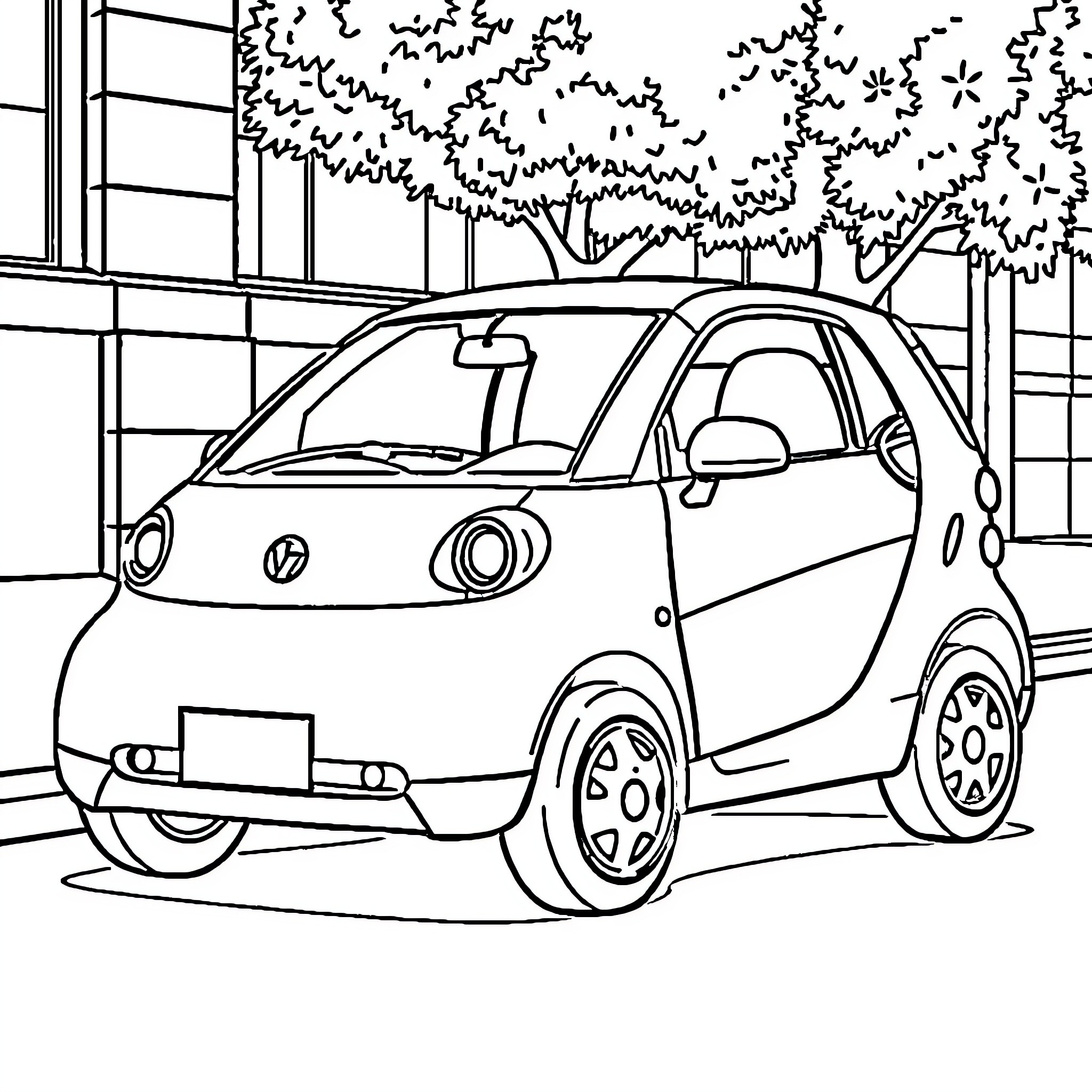 Mini Compact Car Parked Outdoors Coloring Page (free black-and-white line drawing printable PDF for all, from beginners to advanced learners, including children, teens, adults, and seniors)