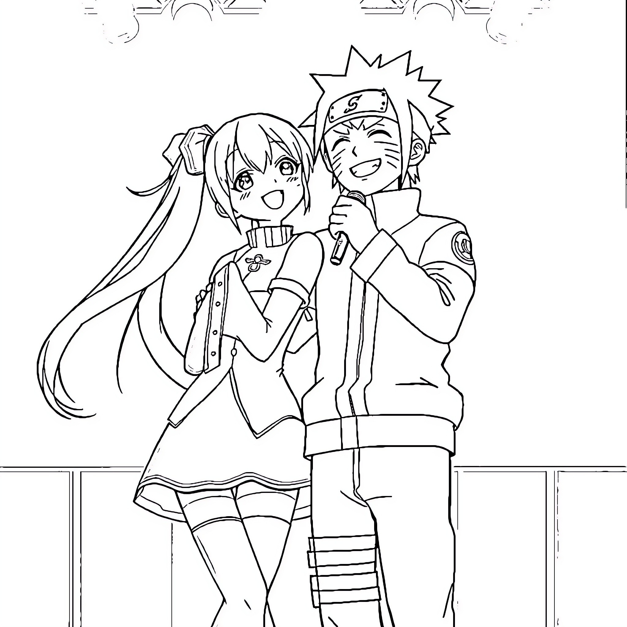 Naruto and Anime Girl Sharing a Laugh Coloring Page (free black-and-white line drawing printable PDF for all, from beginners to advanced learners, including children, teens, adults, and seniors)