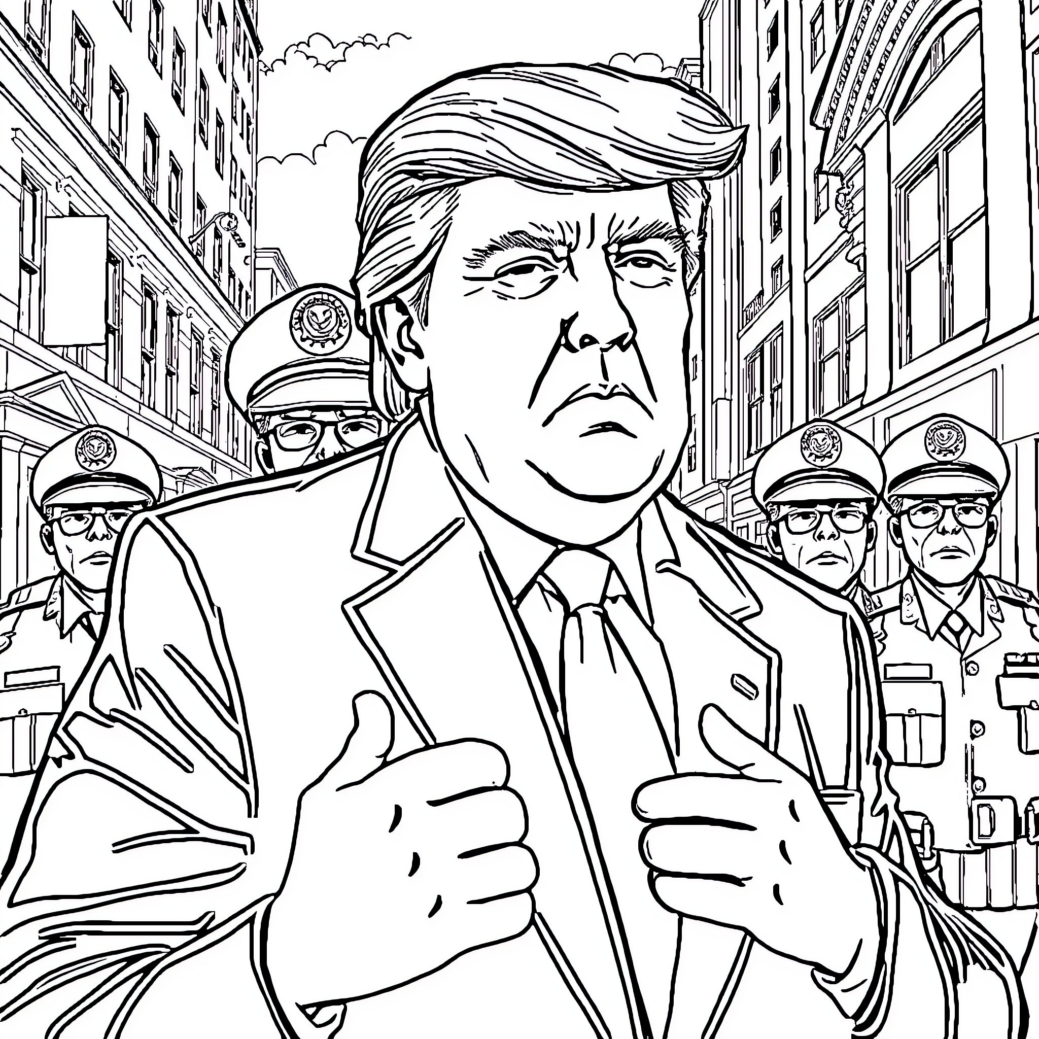 Donald Trump Surrounded by Stern-Faced Military Personnel Coloring Page (free black-and-white line drawing printable PDF for all, from beginners to advanced learners, including children, teens, adults, and seniors)