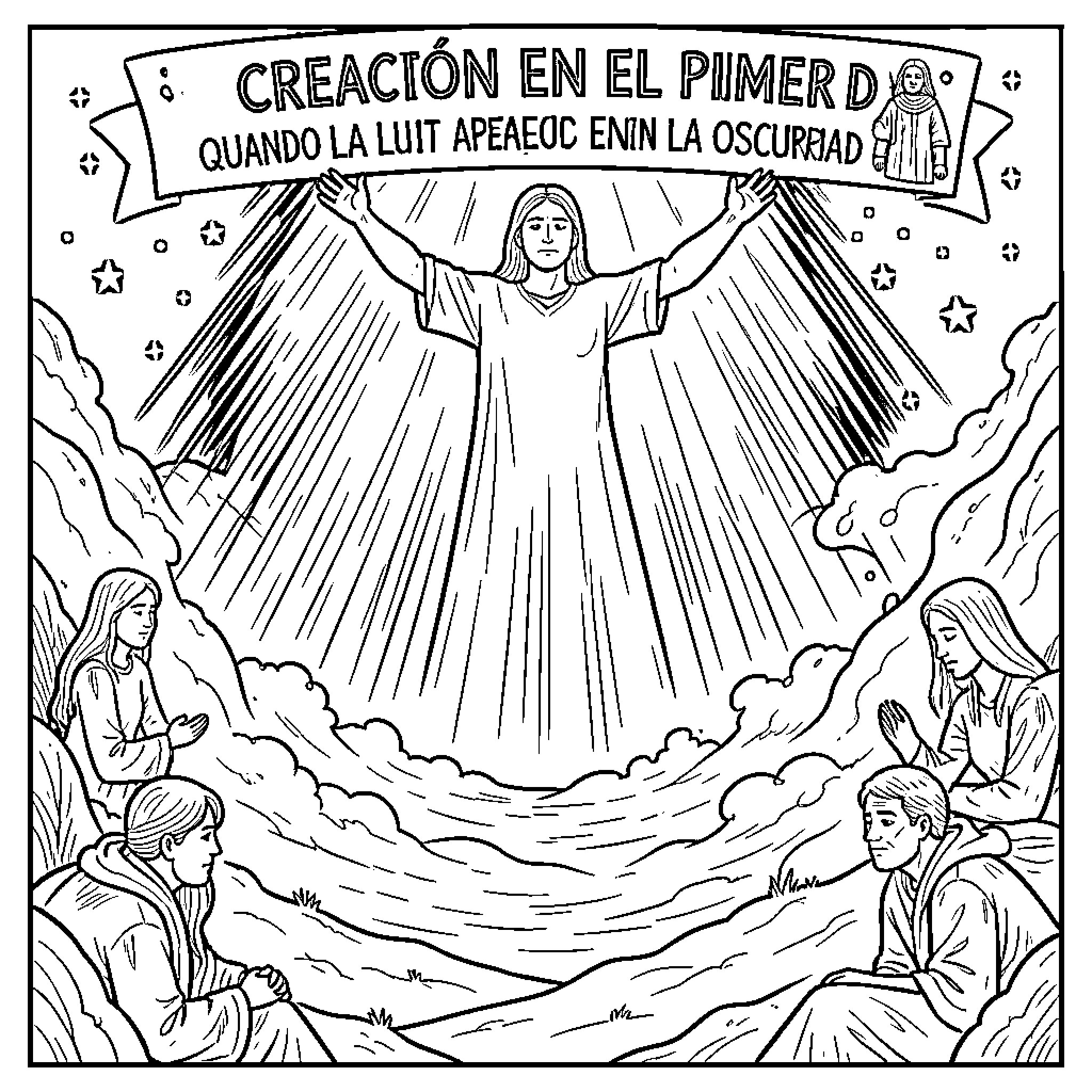 Creation in the Darkness When Light Came upon the Obscurity Coloring Page (free black-and-white line drawing printable PDF for all, from beginners to advanced learners, including children, teens, adults, and seniors)
