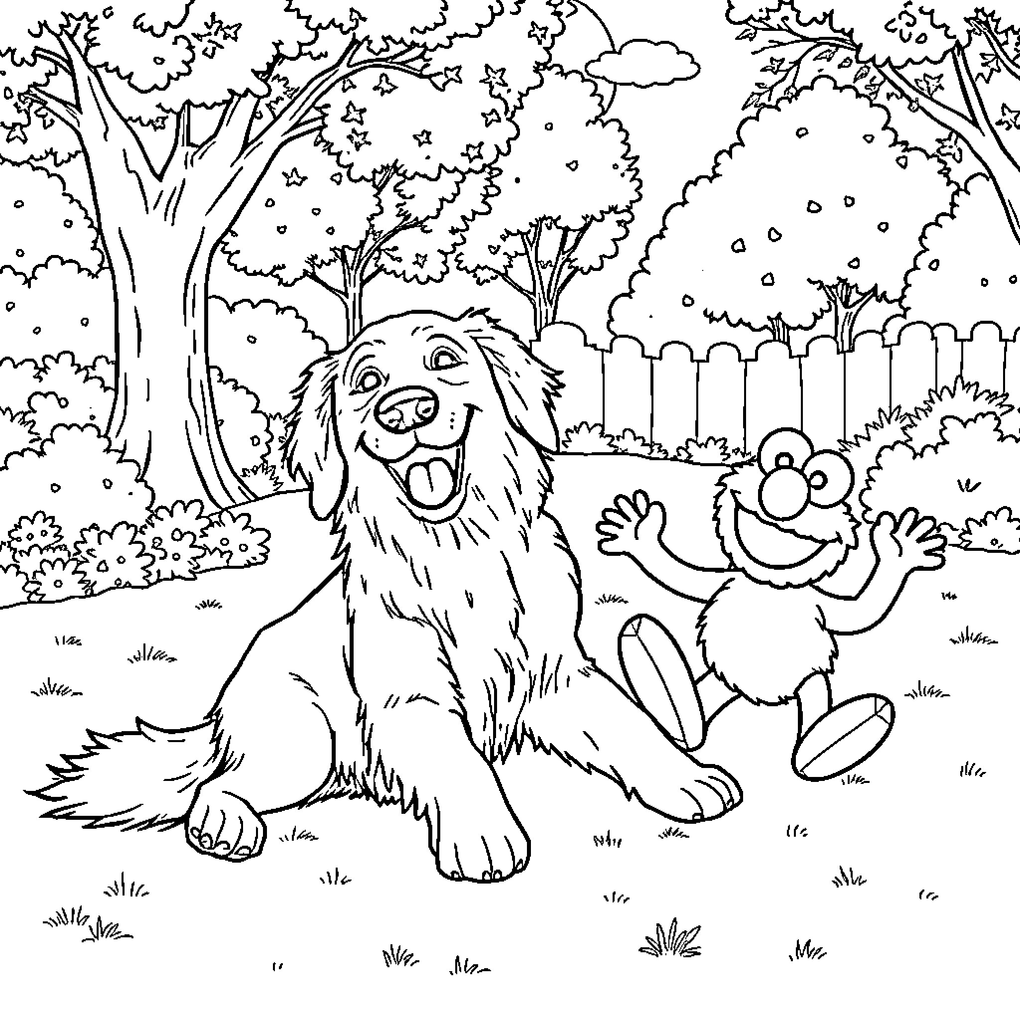 Golden Retriever and Furry Friend Exploring the Outdoors Coloring Page (free black-and-white line drawing printable PDF for all, from beginners to advanced learners, including children, teens, adults, and seniors)