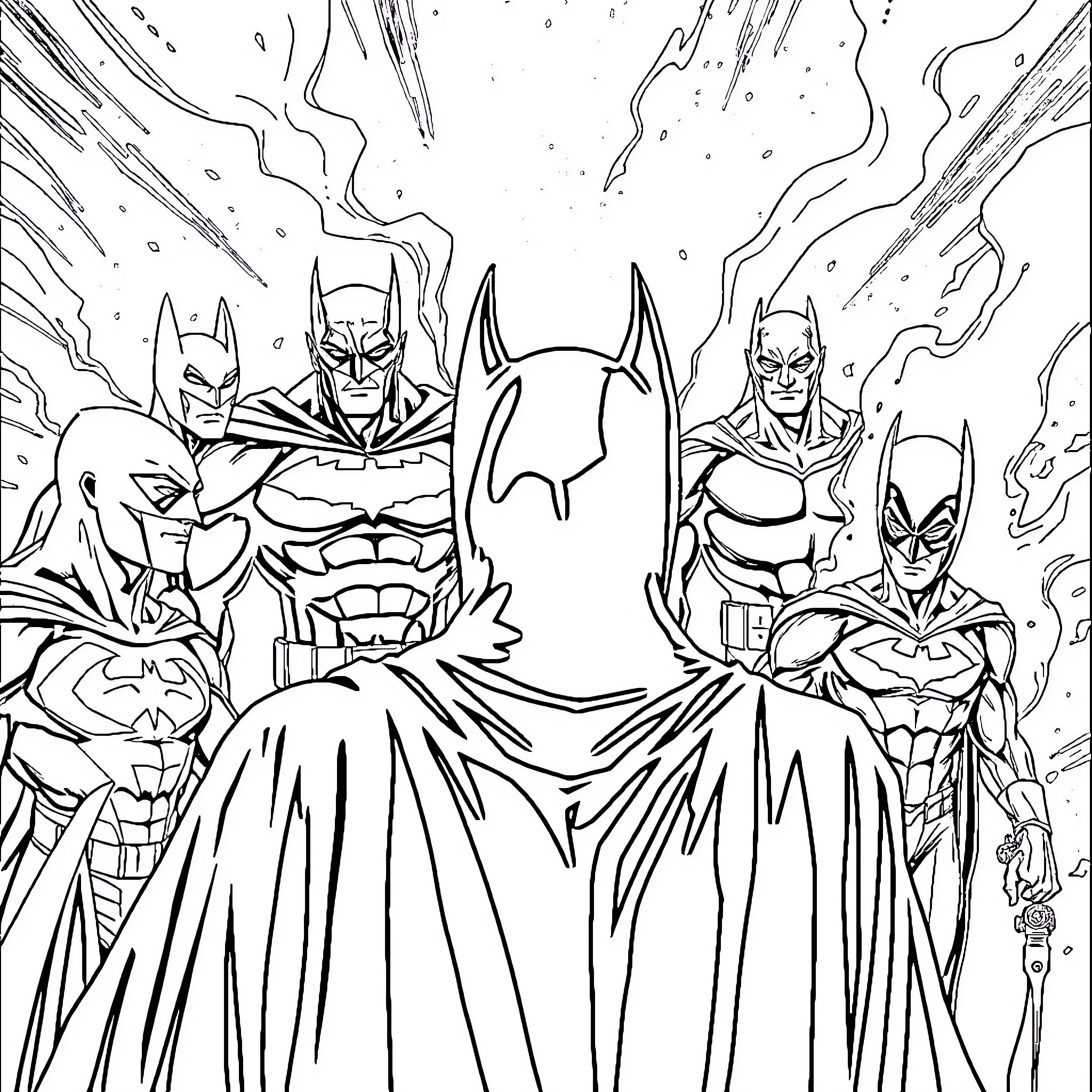 Batiman and his heroic cohorts in action Coloring Page (free black-and-white line drawing printable PDF for all, from beginners to advanced learners, including children, teens, adults, and seniors)