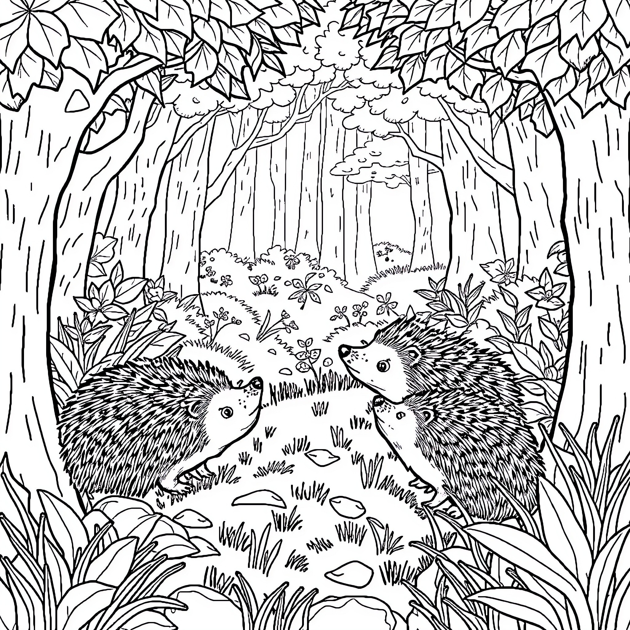 Hedgehogs exploring the enchanted forest Coloring Page (free black-and-white line drawing printable PDF for all, from beginners to advanced learners, including children, teens, adults, and seniors)
