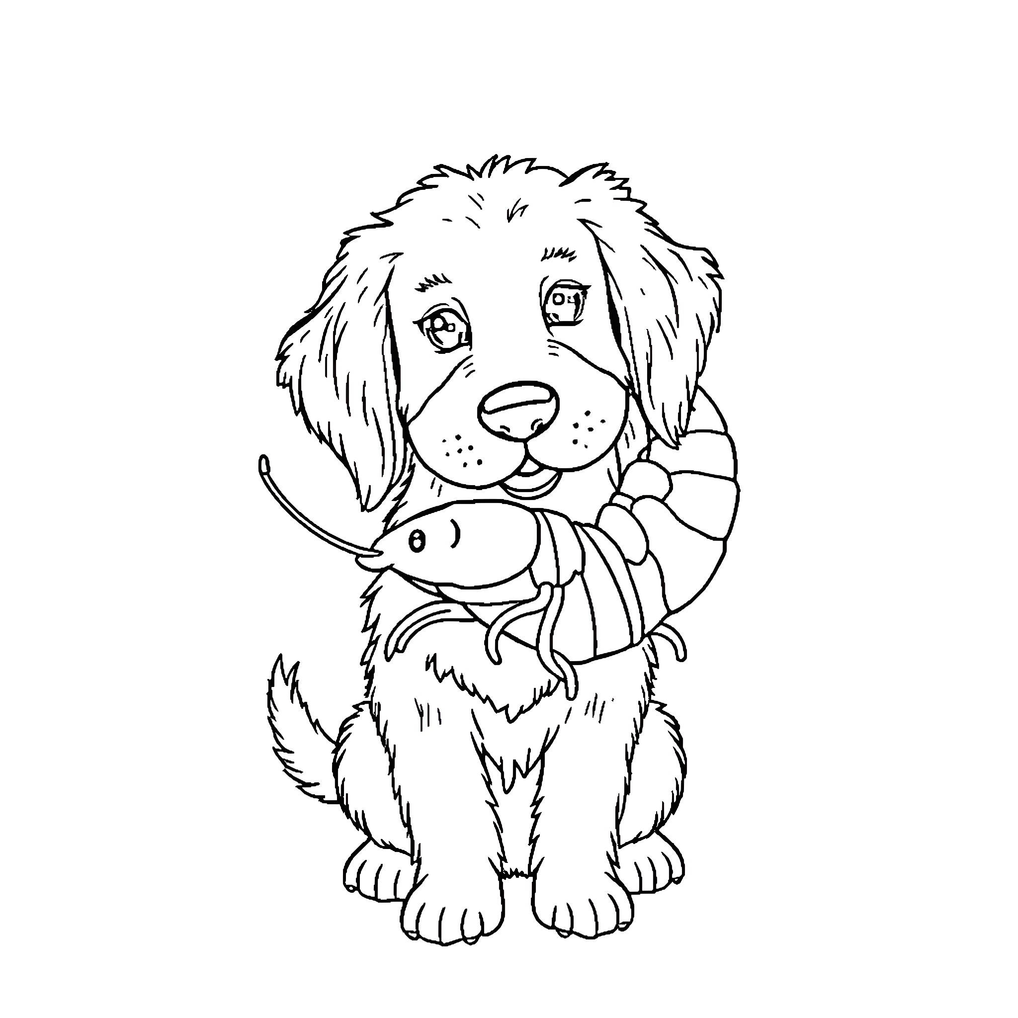 Creature playing with a fish toy Coloring Page (free black-and-white line drawing printable PDF for all, from beginners to advanced learners, including children, teens, adults, and seniors)