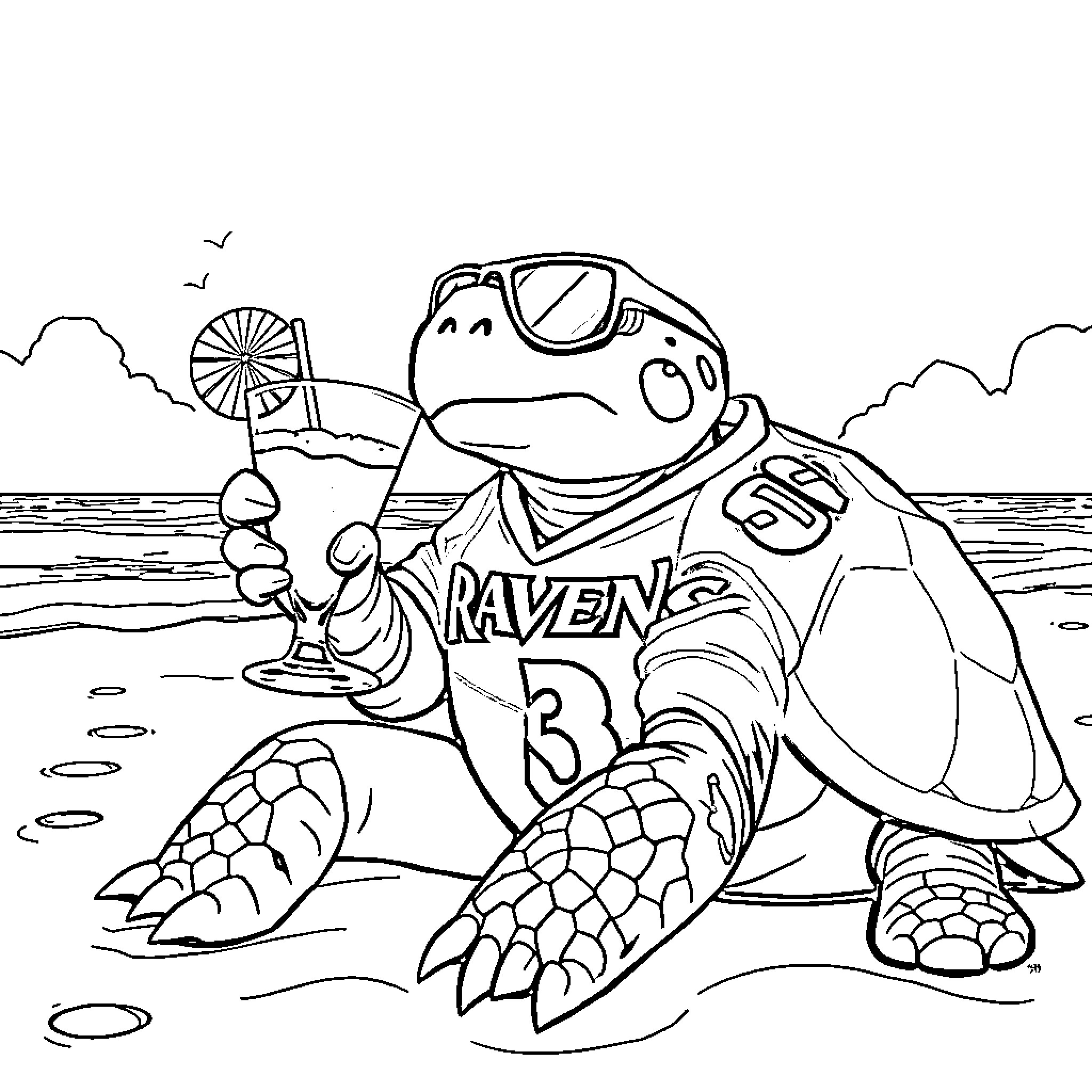 Turtle enjoying summer vacation at the beach Coloring Page (free black-and-white line drawing printable PDF for all, from beginners to advanced learners, including children, teens, adults, and seniors)