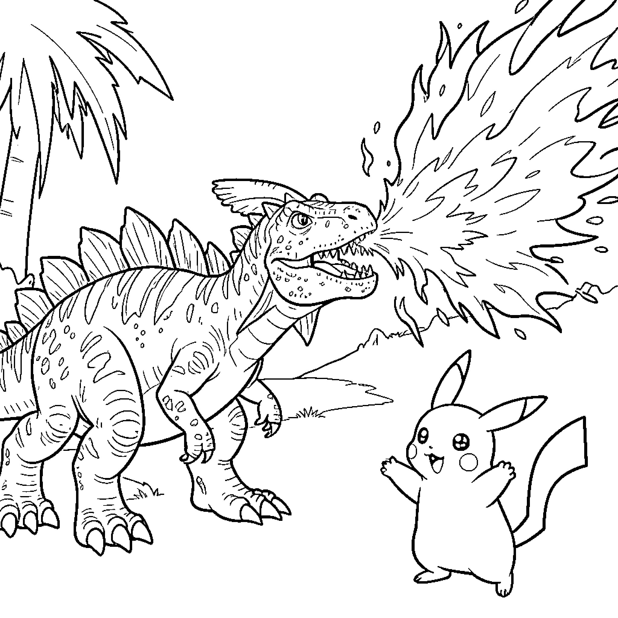 Dracaufeu breathing fire towards a happy Pikachu Coloring Page (free black-and-white line drawing printable PDF for all, from beginners to advanced learners, including children, teens, adults, and seniors)