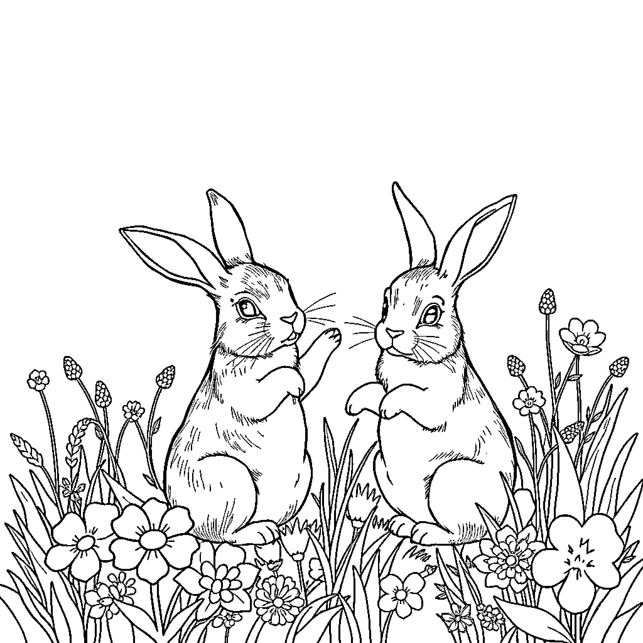 Rabbits frolicking amidst vibrant floral scenery Coloring Page (free black-and-white line drawing printable PDF for all, from beginners to advanced learners, including children, teens, adults, and seniors)