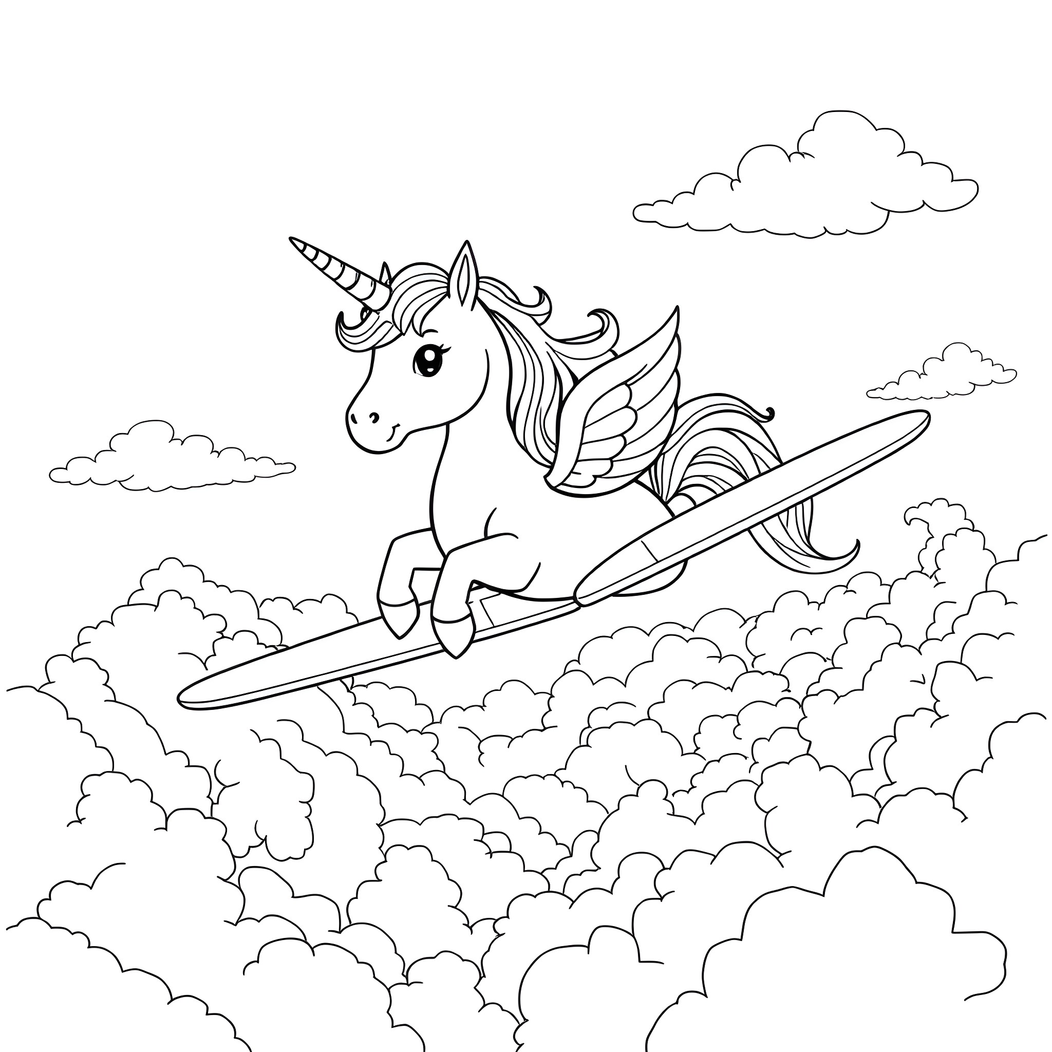 Unicorn soaring through the clouds on a magic surfboard Coloring Page (free black-and-white line drawing printable PDF for all, from beginners to advanced learners, including children, teens, adults, and seniors)