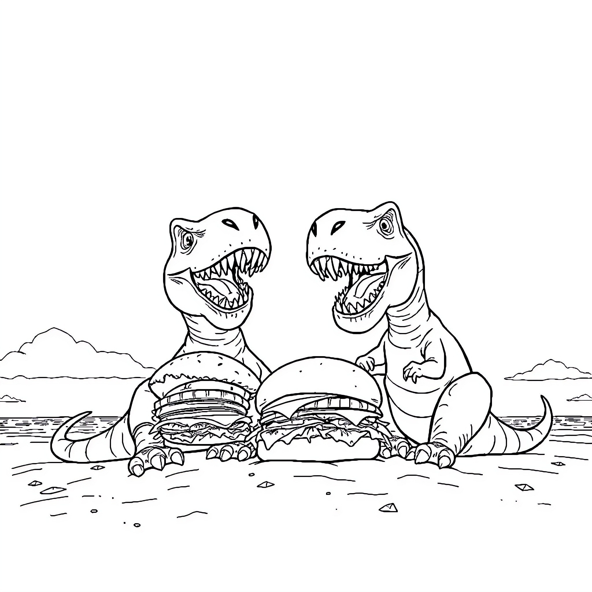 Dinosaurs Devouring Gigantic Hamburgers Coloring Page (free black-and-white line drawing printable PDF for all, from beginners to advanced learners, including children, teens, adults, and seniors)