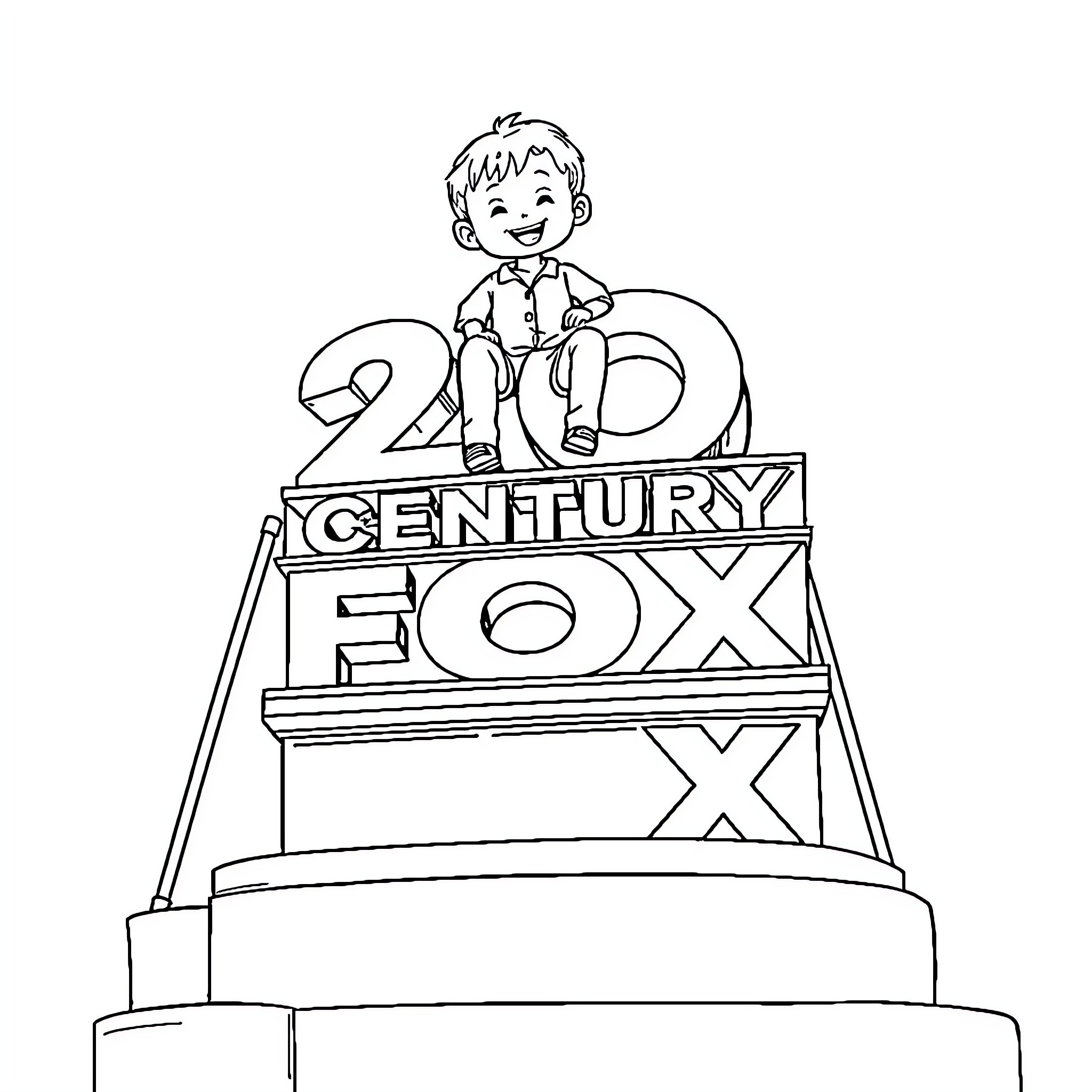 Boy sitting on 20th Century Fox logo Coloring Page (free black-and-white line drawing printable PDF for all, from beginners to advanced learners, including children, teens, adults, and seniors)