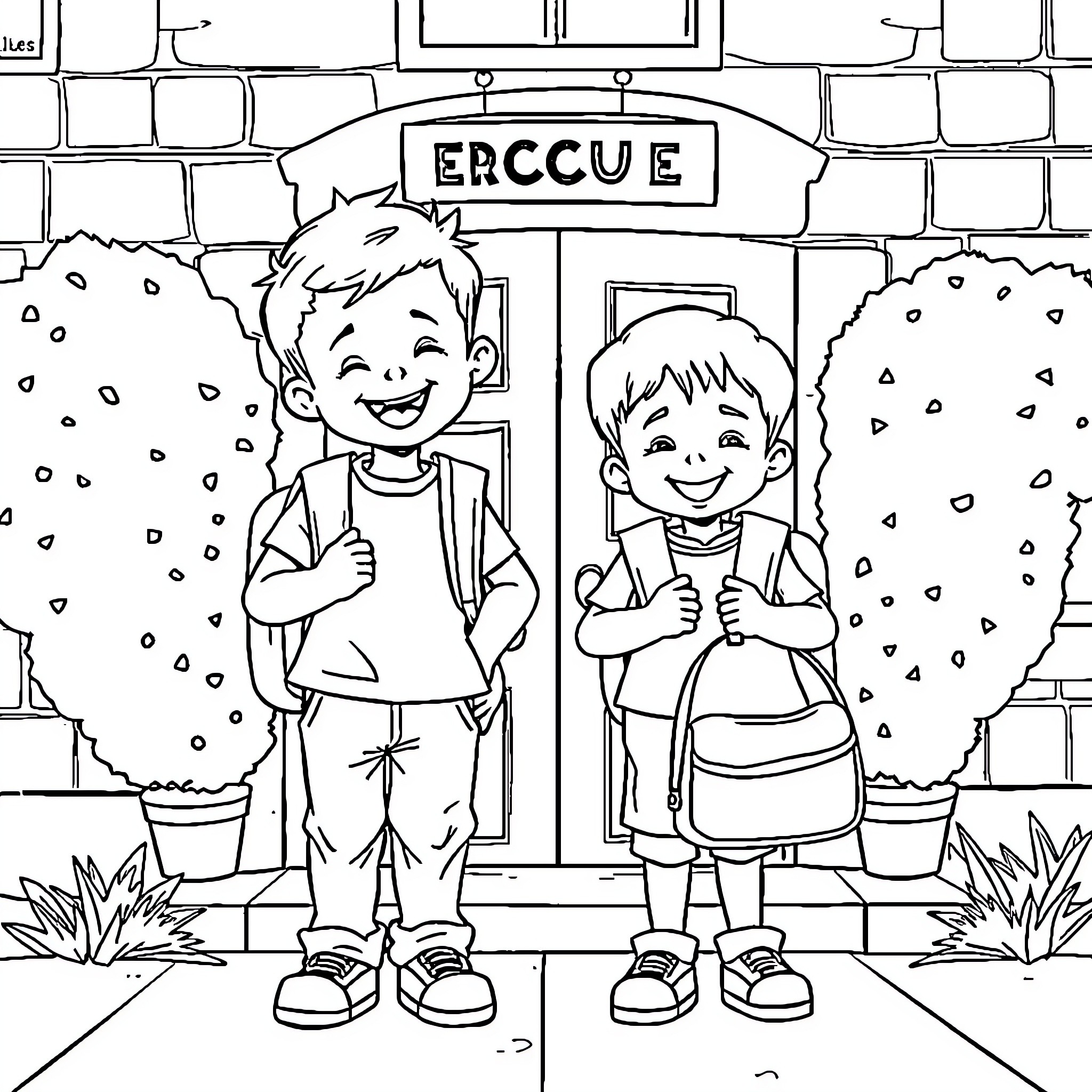 Boys enjoying a day at the community center Coloring Page (free black-and-white line drawing printable PDF for all, from beginners to advanced learners, including children, teens, adults, and seniors)