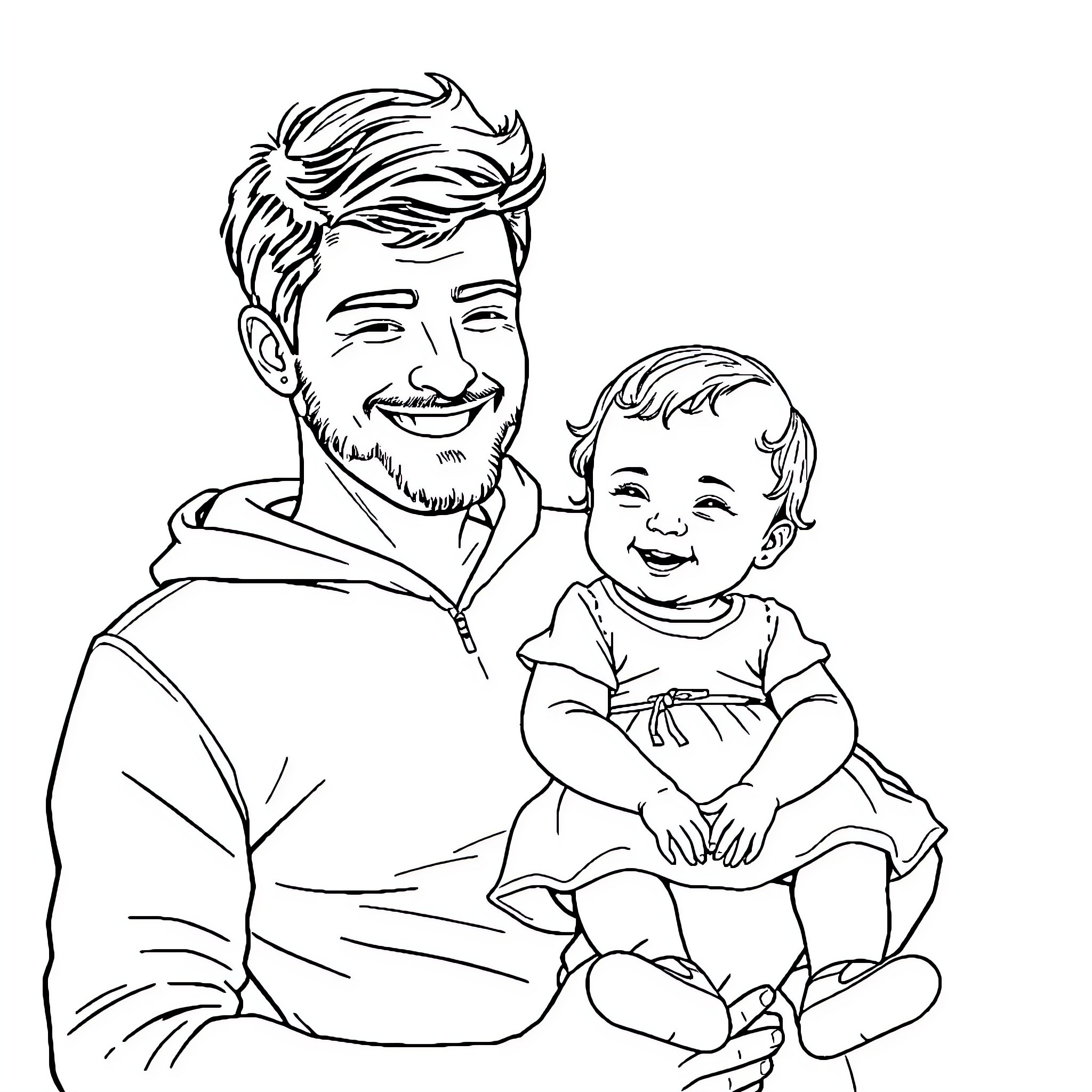 Baby having fun with father Coloring Page (free black-and-white line drawing printable PDF for all, from beginners to advanced learners, including children, teens, adults, and seniors)