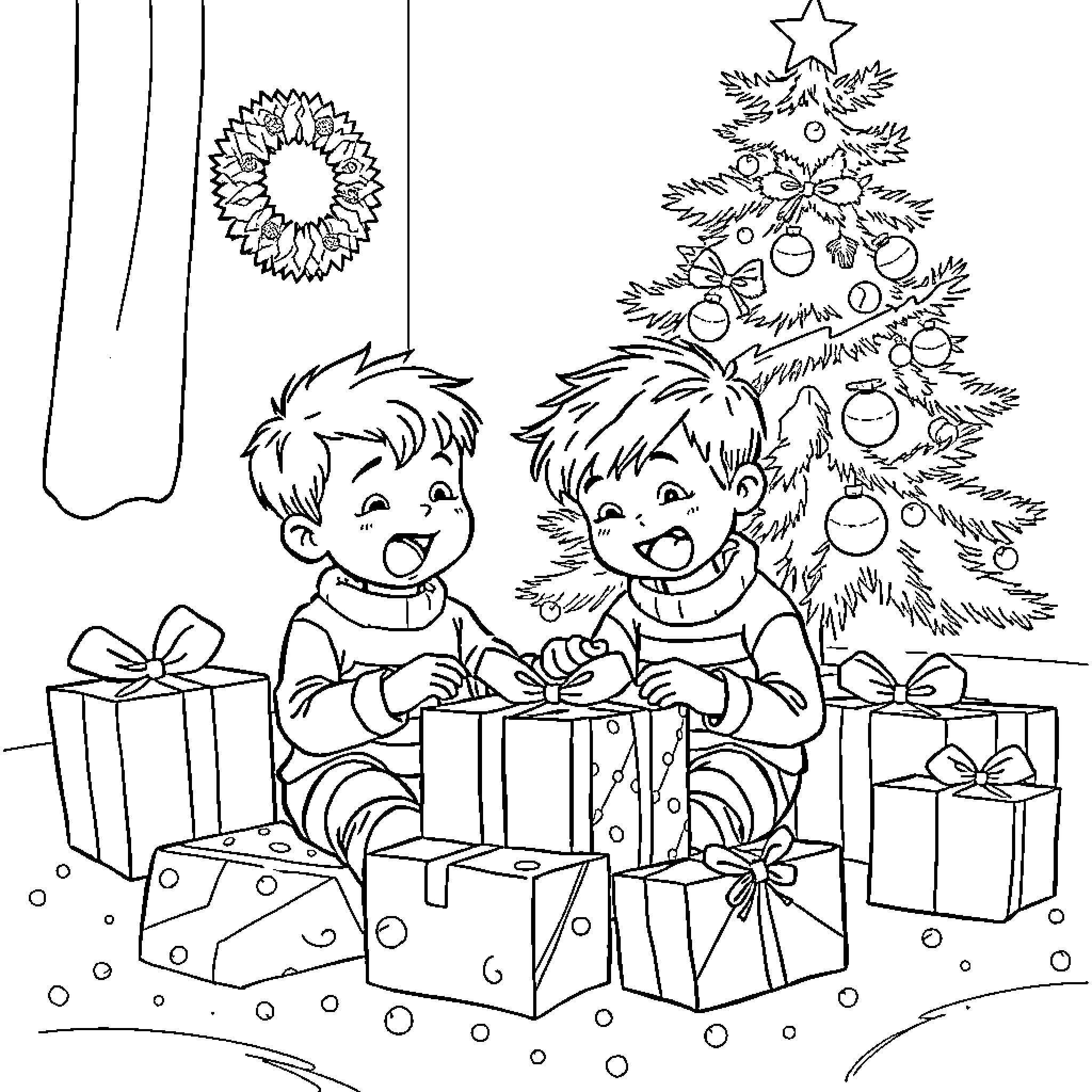 Boys Eagerly Opening Christmas Presents under Tree Coloring Page (free black-and-white line drawing printable PDF for all, from beginners to advanced learners, including children, teens, adults, and seniors)