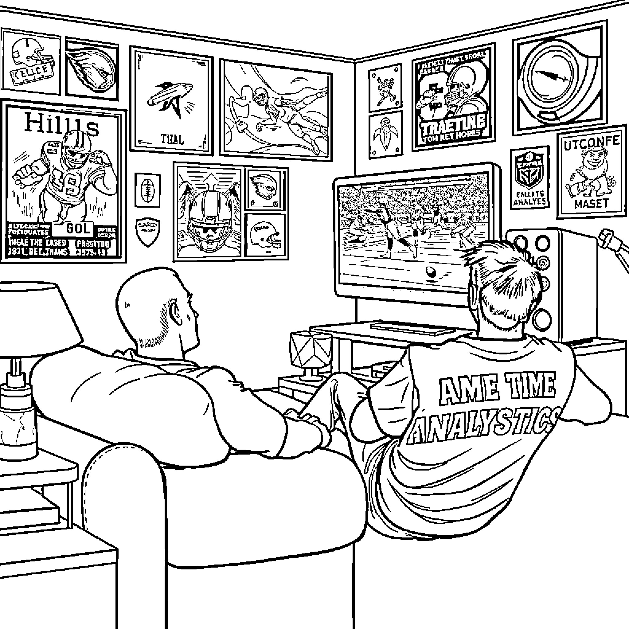 Guy playing video games in a cozy room Coloring Page (free black-and-white line drawing printable PDF for all, from beginners to advanced learners, including children, teens, adults, and seniors)