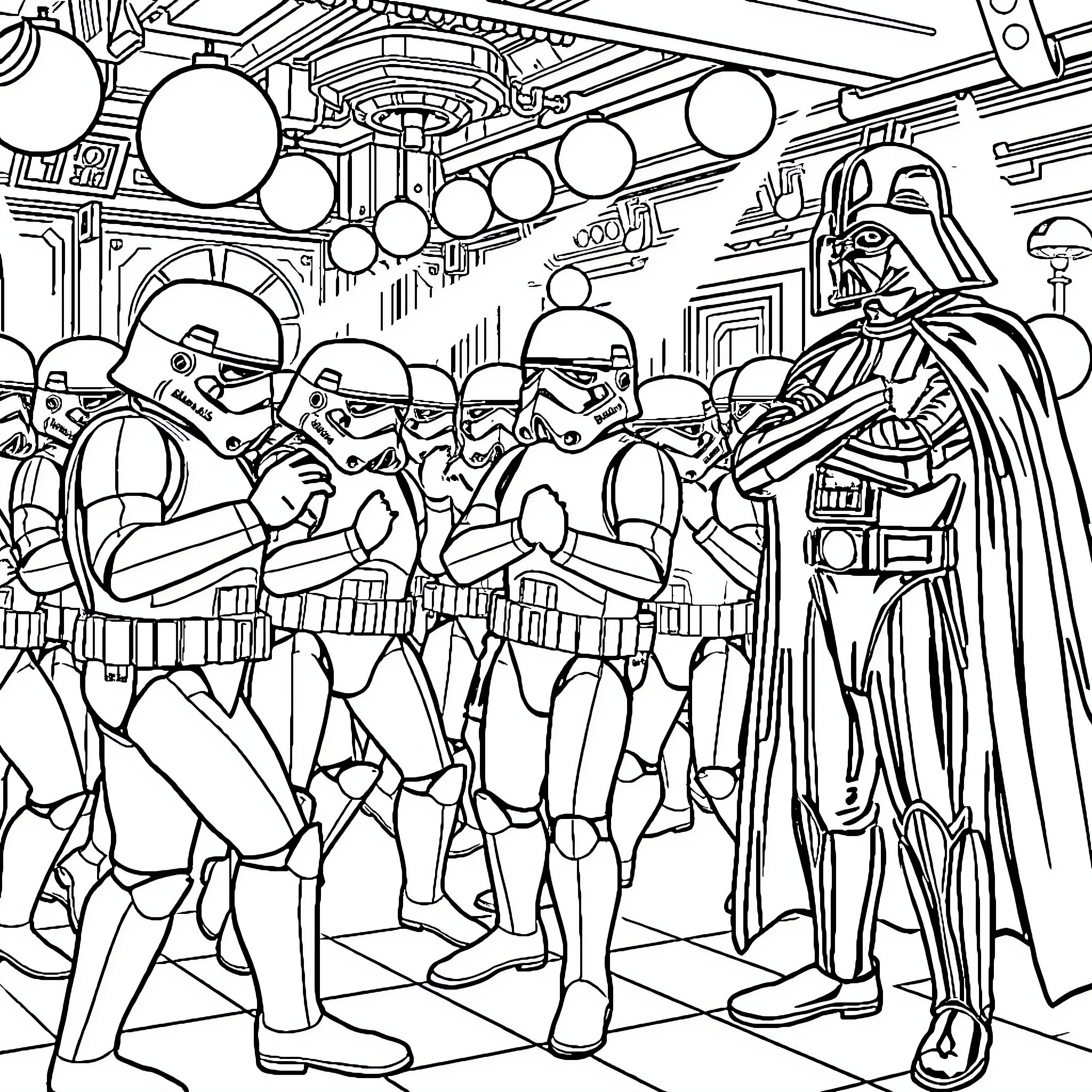 Stormtroopers standing in formation with Darth Vader Coloring Page (free black-and-white line drawing printable PDF for all, from beginners to advanced learners, including children, teens, adults, and seniors)