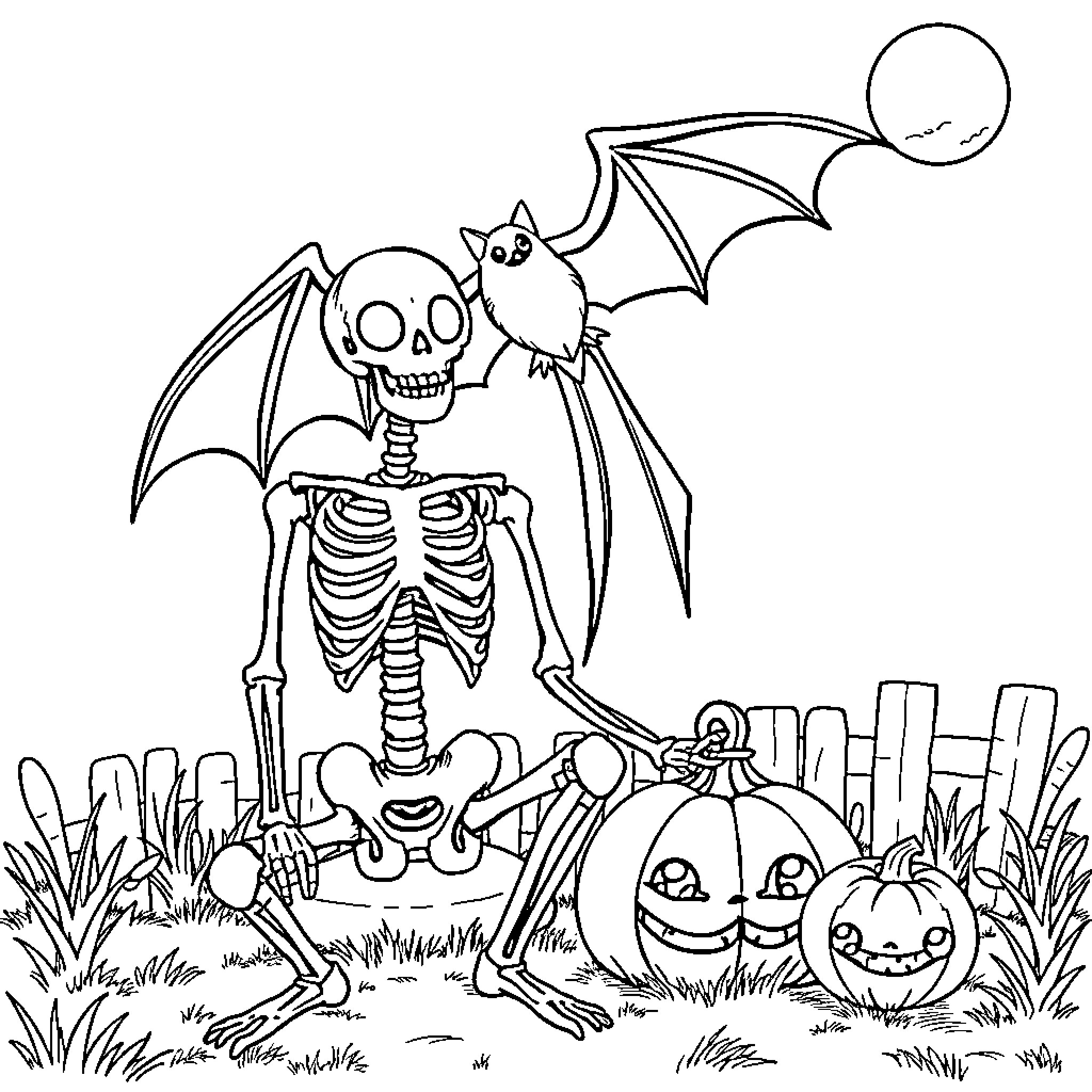 Skeleton Bat and Pumpkins in Halloween Scene Coloring Page (free black-and-white line drawing printable PDF for all, from beginners to advanced learners, including children, teens, adults, and seniors)