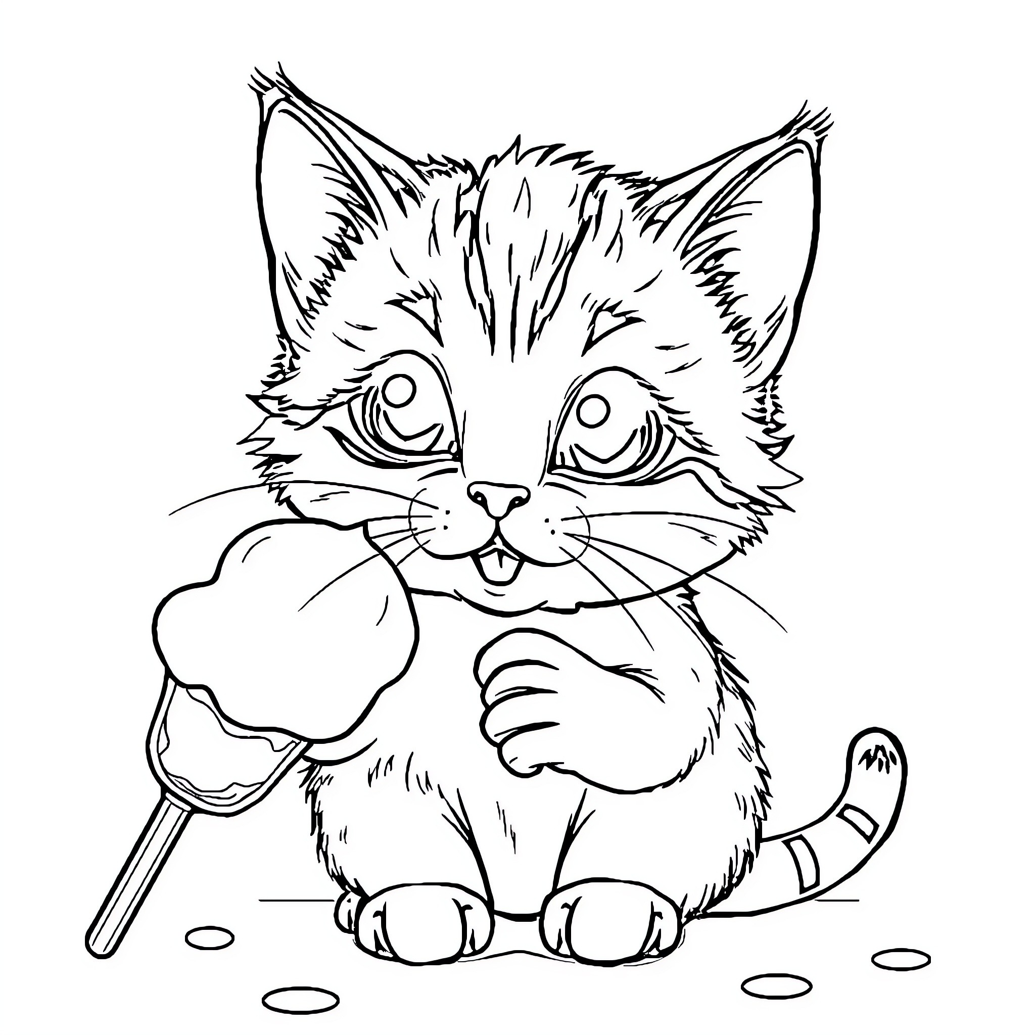 Kitten enjoying a lollipop treat Coloring Page (free black-and-white line drawing printable PDF for all, from beginners to advanced learners, including children, teens, adults, and seniors)