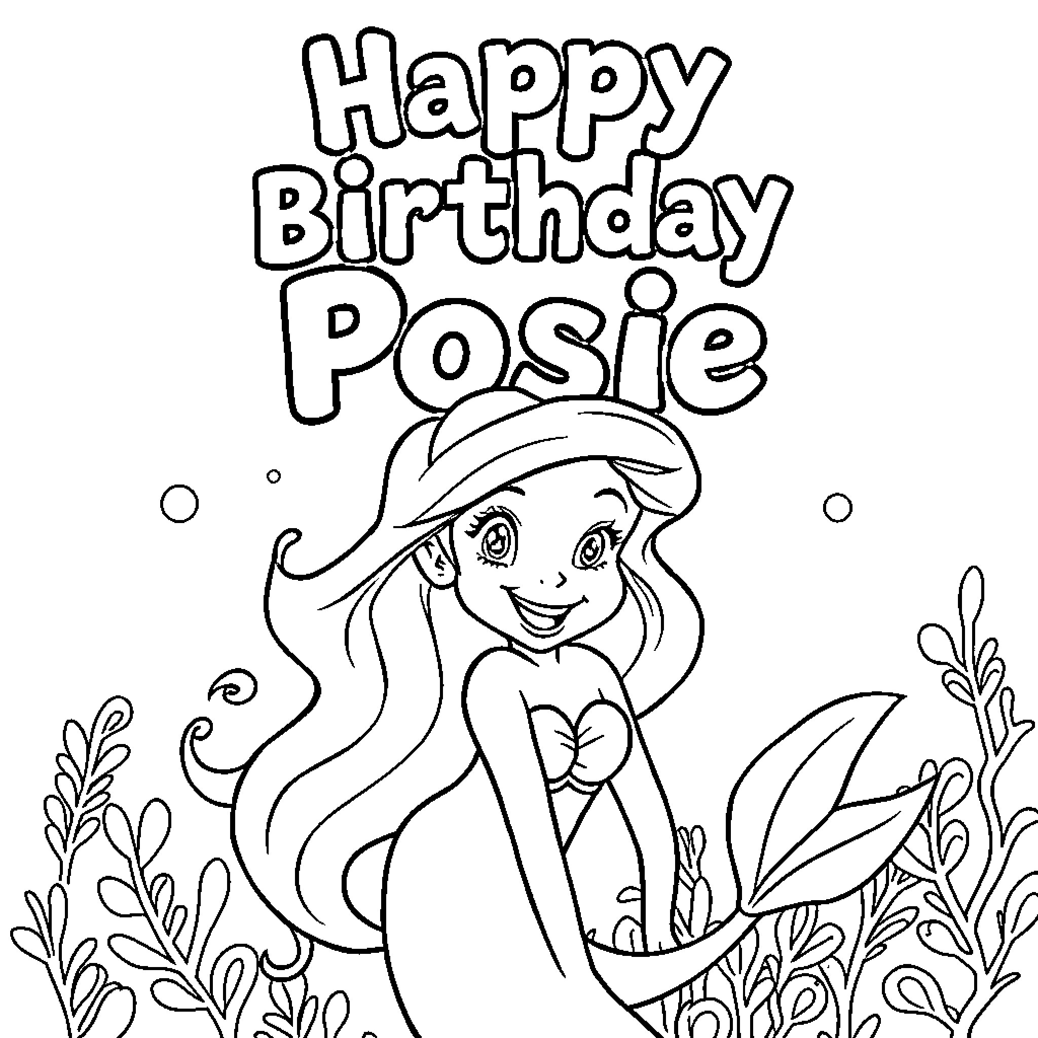 Ariel Celebrates Birthday with Flowers and Nature Coloring Page (free black-and-white line drawing printable PDF for all, from beginners to advanced learners, including children, teens, adults, and seniors)