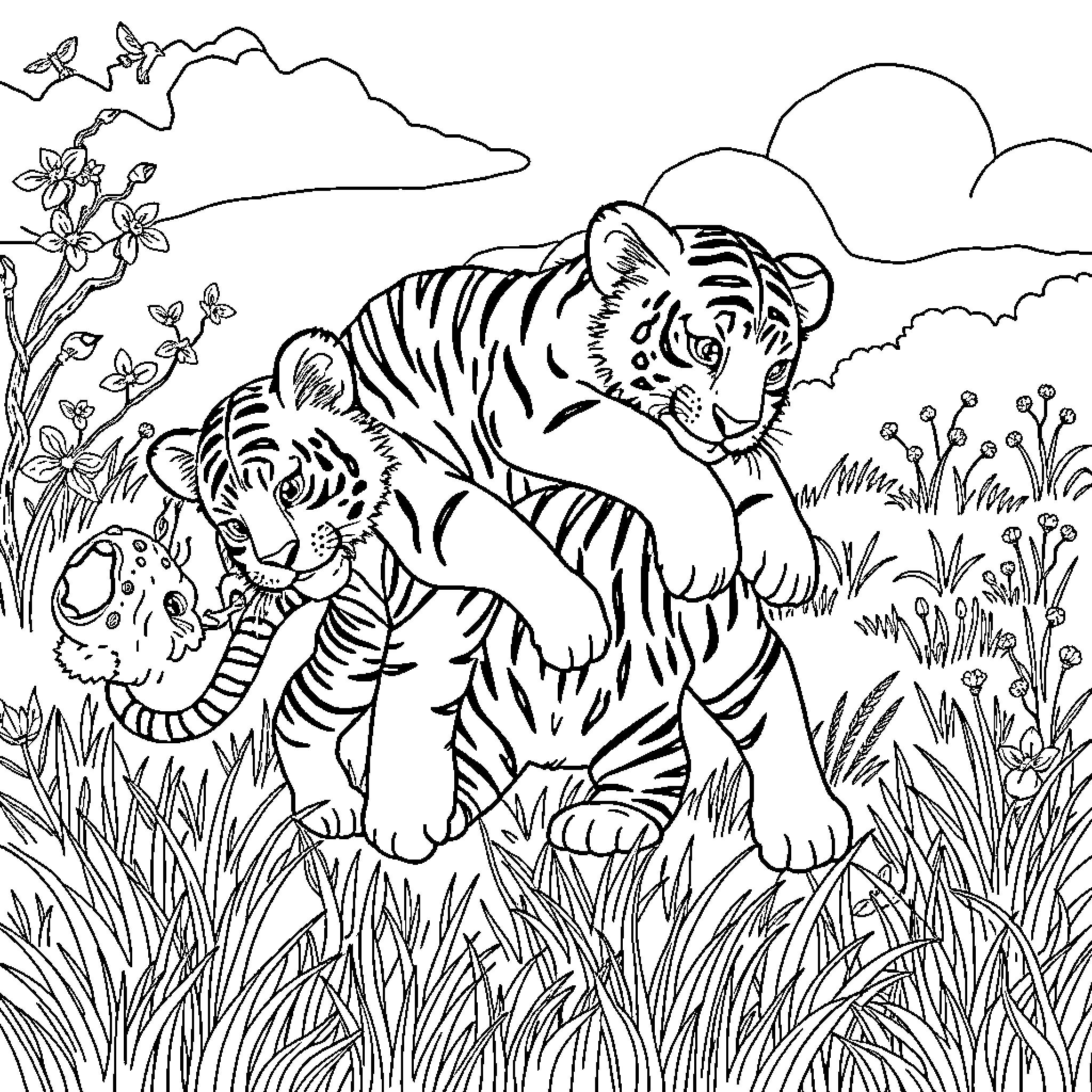 Tiger Cubs Playing in Lush Landscape Coloring Page (free black-and-white line drawing printable PDF for all, from beginners to advanced learners, including children, teens, adults, and seniors)