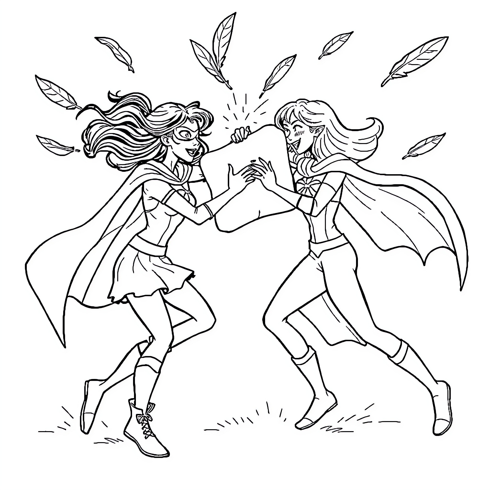 Superhero Friends Battling with Magical Powers Coloring Page (free black-and-white line drawing printable PDF for all, from beginners to advanced learners, including children, teens, adults, and seniors)