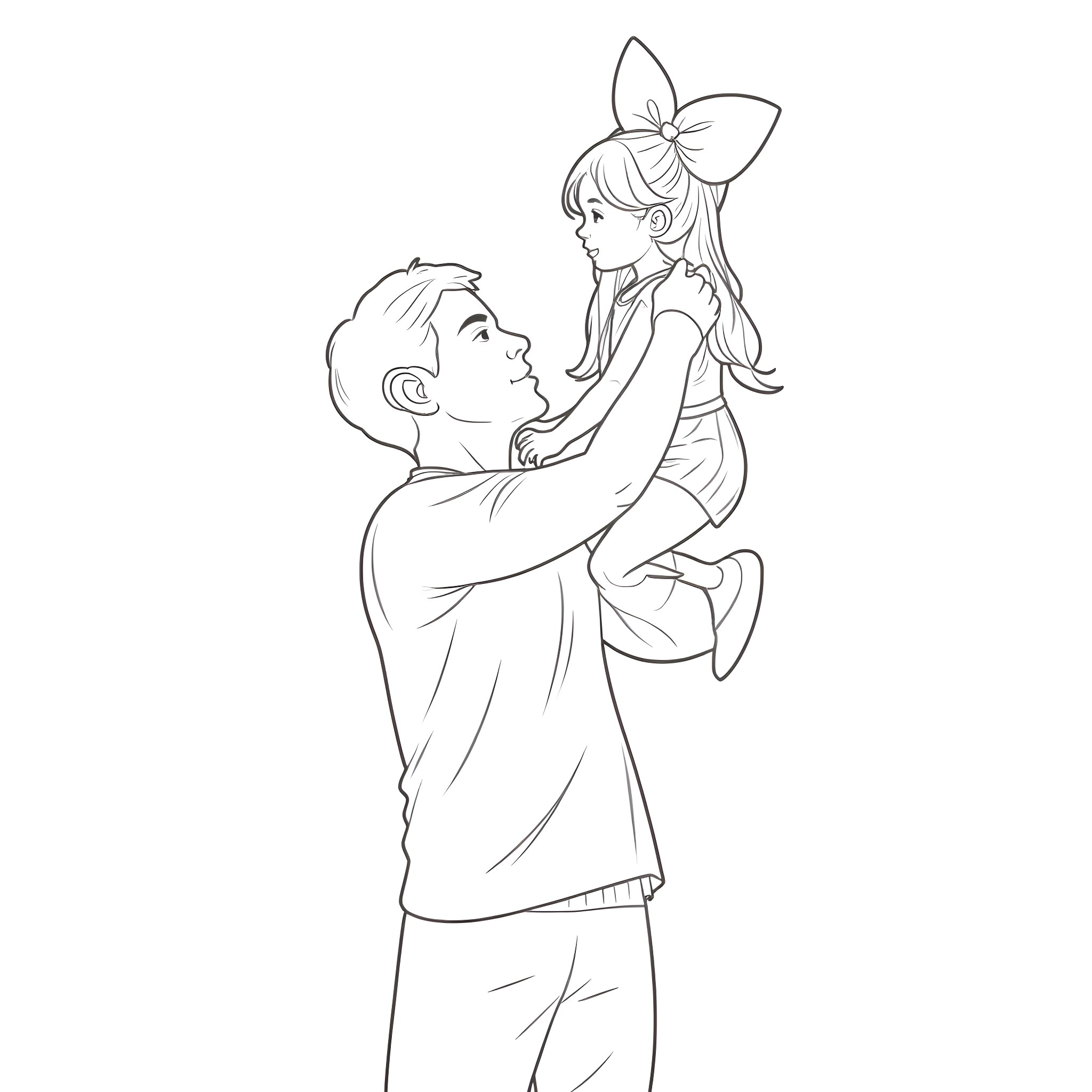 Dad Happily Playing With Daughter Coloring Page (free black-and-white line drawing printable PDF for all, from beginners to advanced learners, including children, teens, adults, and seniors)