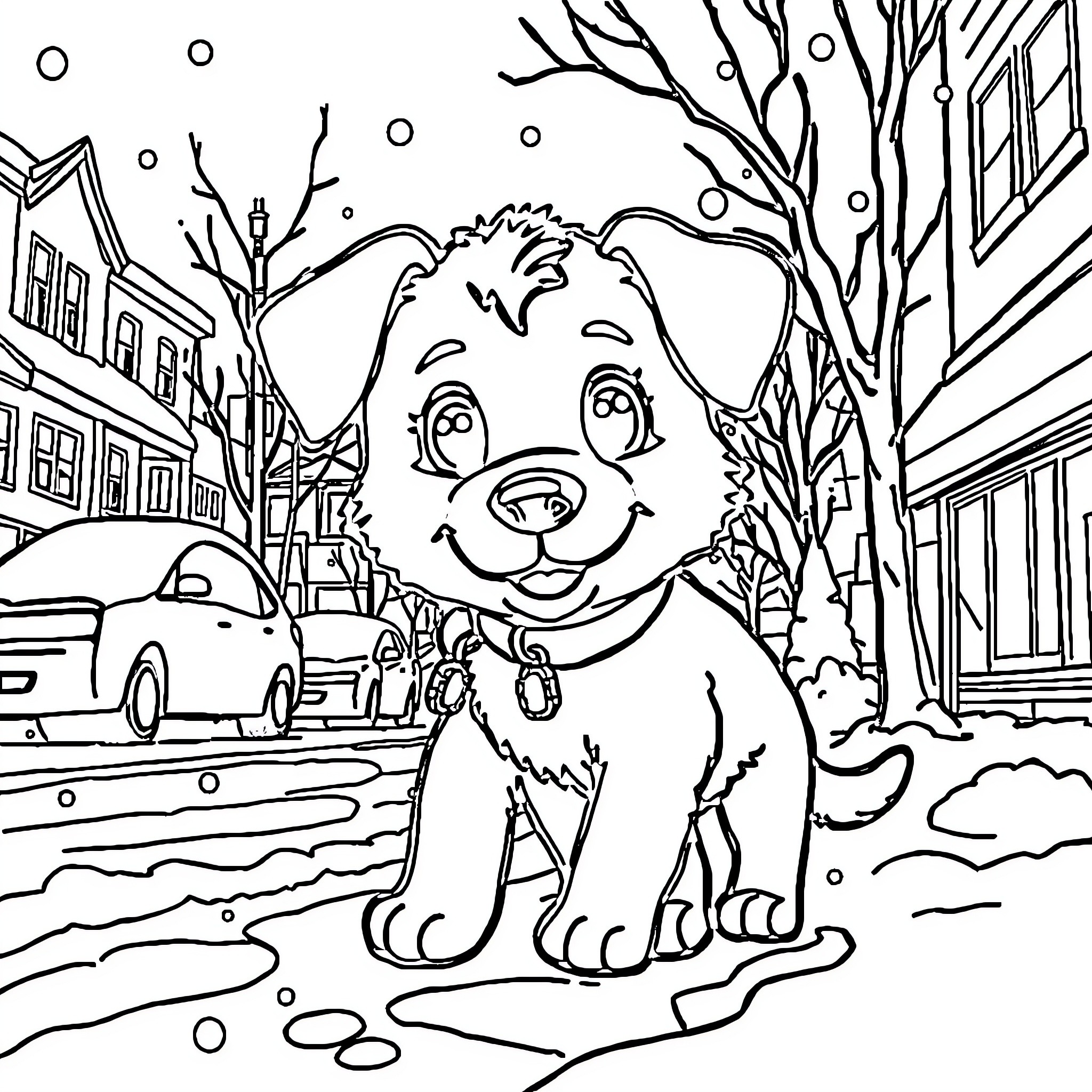 Bluey puppy playing in the winter wonderland Coloring Page (free black-and-white line drawing printable PDF for all, from beginners to advanced learners, including children, teens, adults, and seniors)