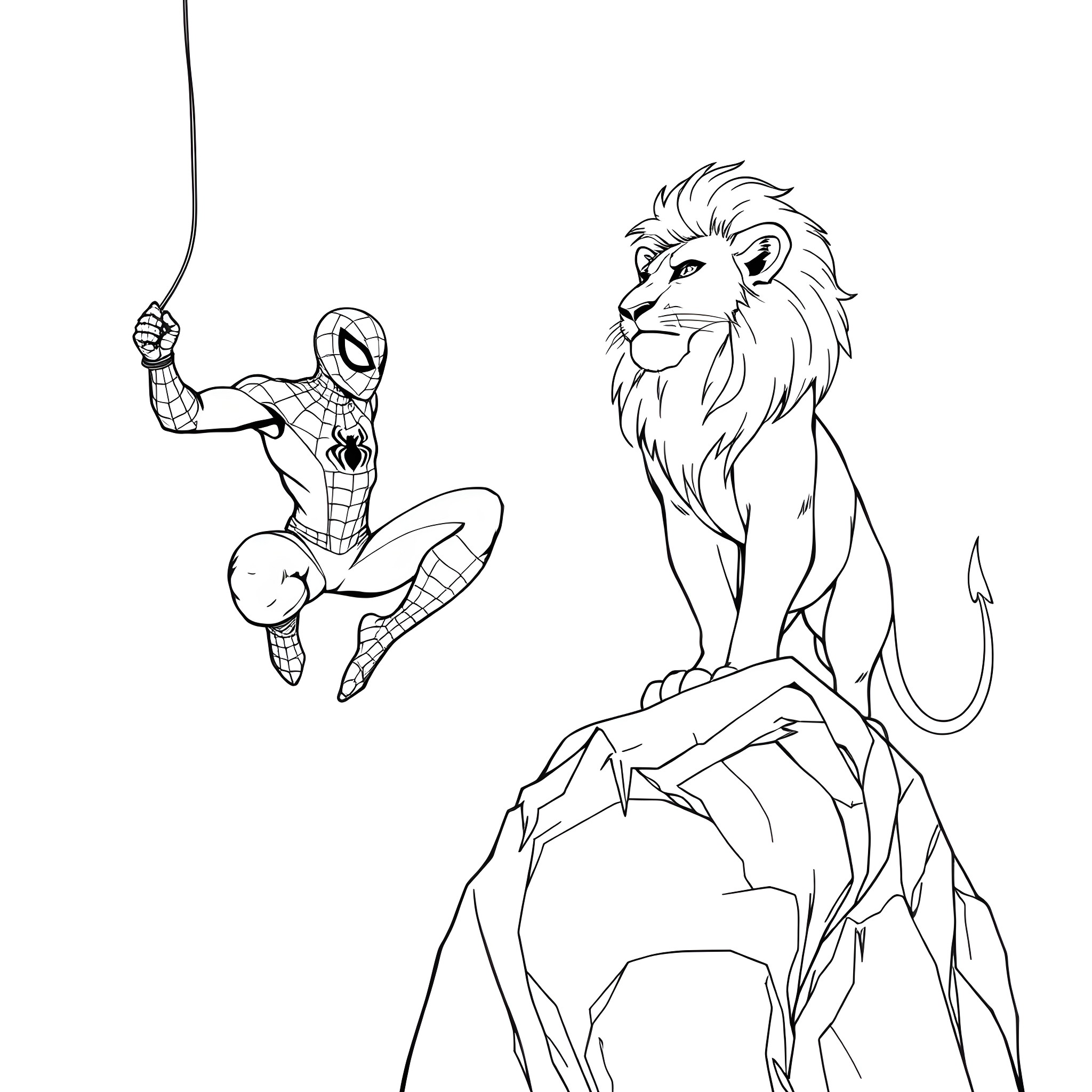Spiderman swinging with a mighty lion Coloring Page (free black-and-white line drawing printable PDF for all, from beginners to advanced learners, including children, teens, adults, and seniors)