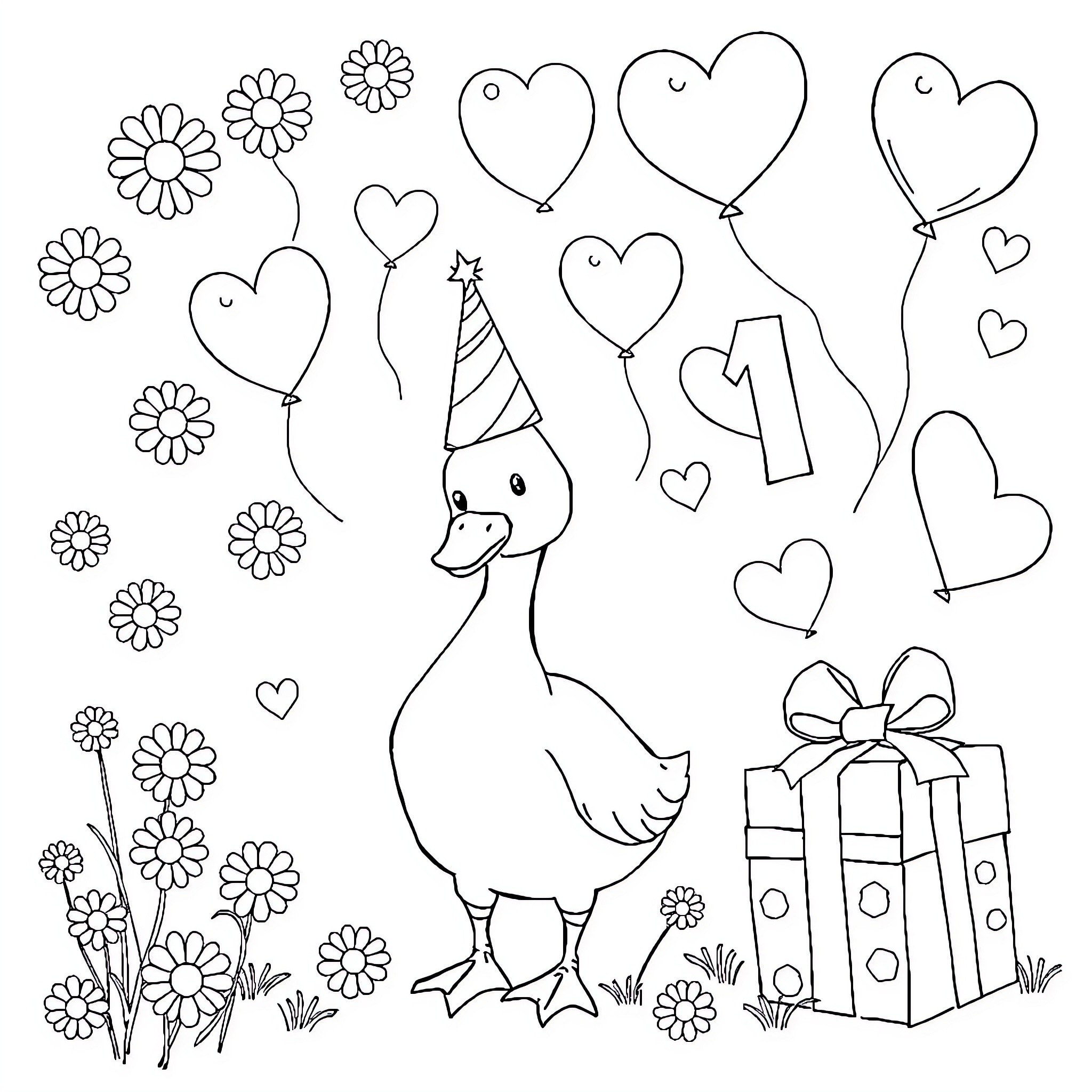 Daisy the Duckling's Birthday Celebration Coloring Page (free black-and-white line drawing printable PDF for all, from beginners to advanced learners, including children, teens, adults, and seniors)