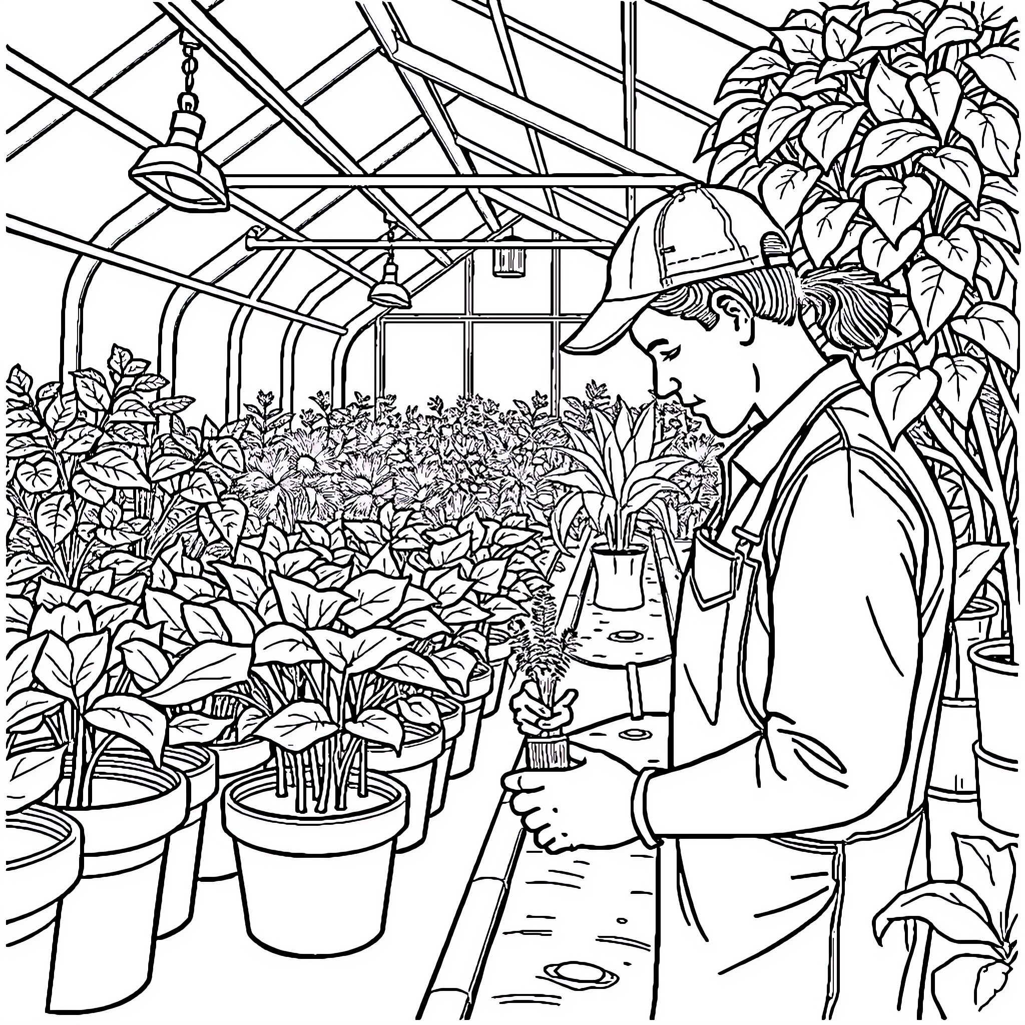 Plant Person caring for greenhouse of diverse flora Coloring Page (free black-and-white line drawing printable PDF for all, from beginners to advanced learners, including children, teens, adults, and seniors)