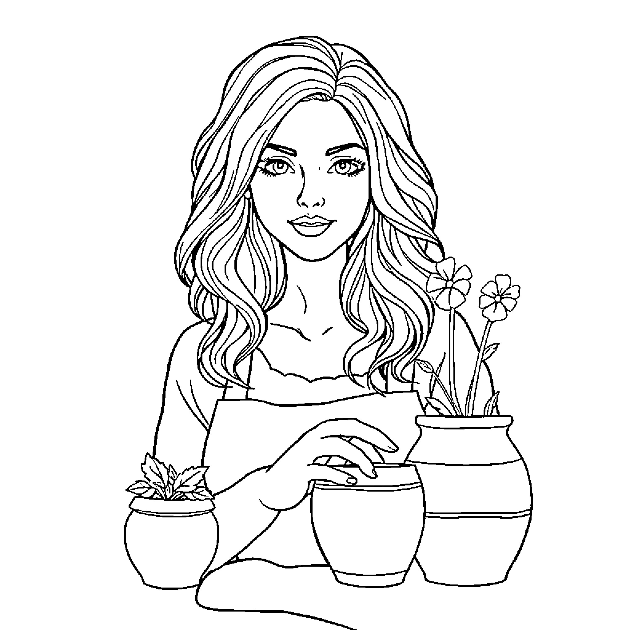 Schilder mit Blumen in Vasen Coloring Page (free black-and-white line drawing printable PDF for all, from beginners to advanced learners, including children, teens, adults, and seniors)