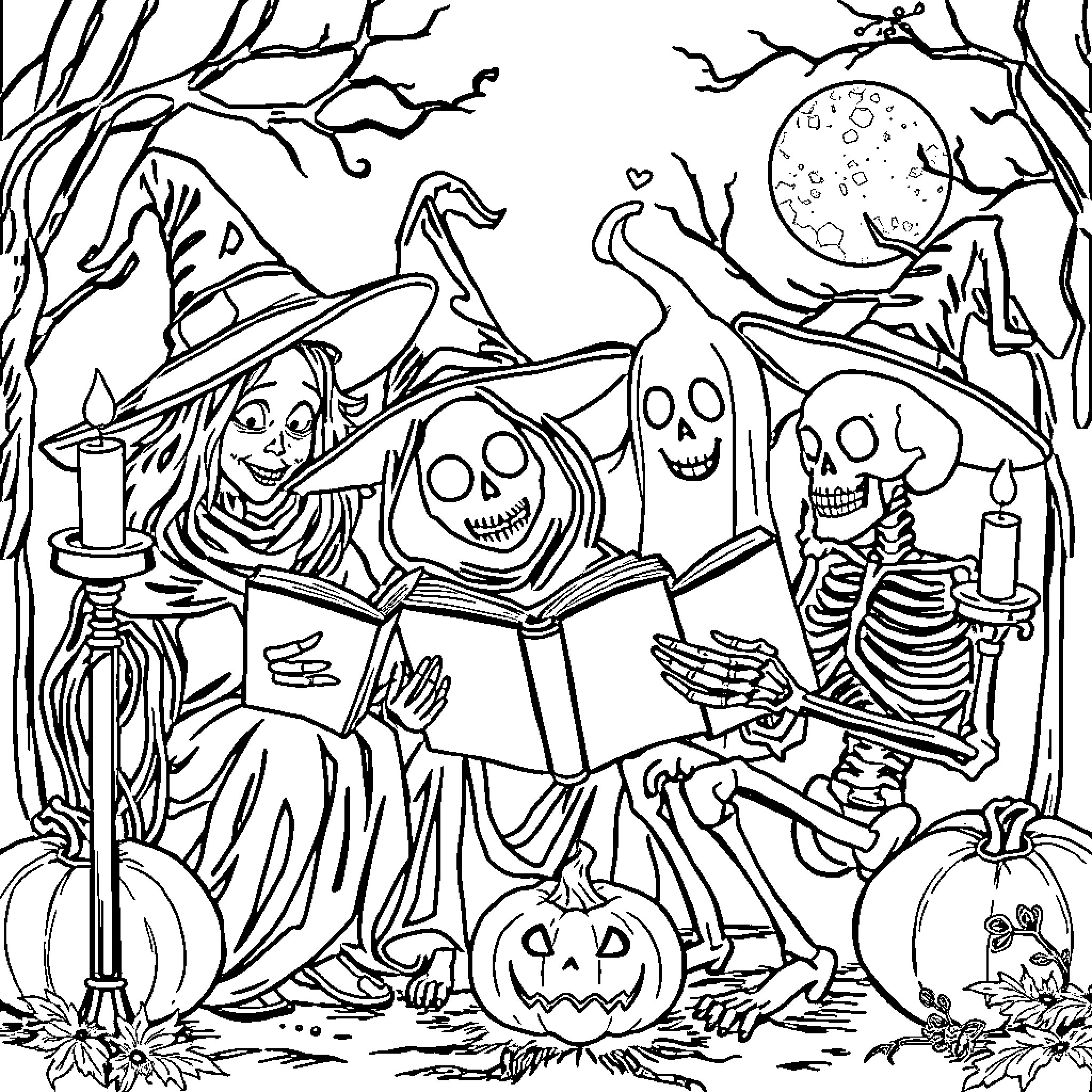 Halloween Character Celebrating Spooky Night in Forest Coloring Page (free black-and-white line drawing printable PDF for all, from beginners to advanced learners, including children, teens, adults, and seniors)
