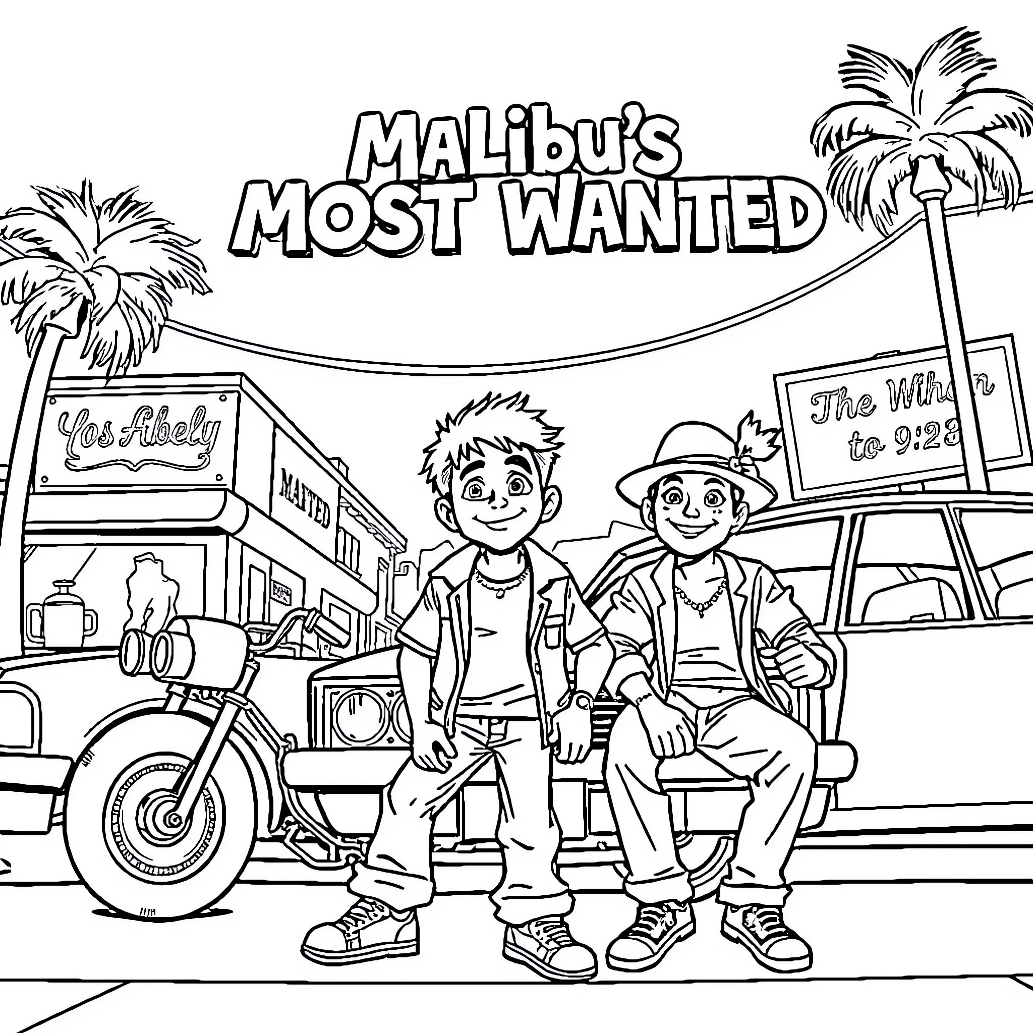 Malibu's Most Wanted Adventure Coloring Page (free black-and-white line drawing printable PDF for all, from beginners to advanced learners, including children, teens, adults, and seniors)
