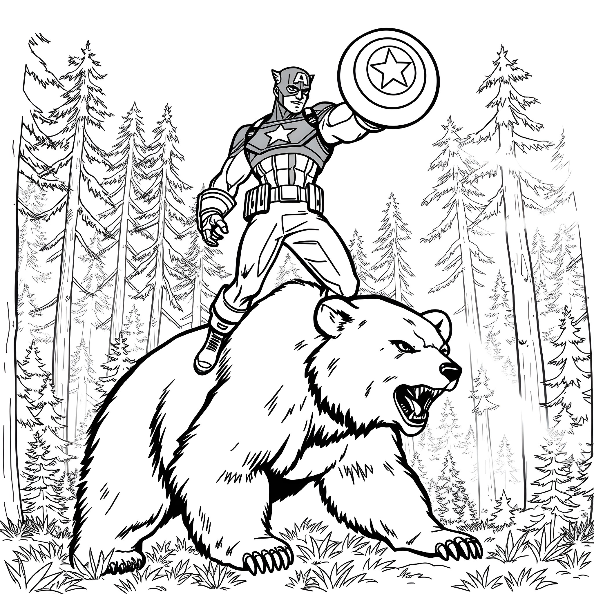 Captain America Battles Fierce Bear in Forest Wilderness Coloring Page (free black-and-white line drawing printable PDF for all, from beginners to advanced learners, including children, teens, adults, and seniors)
