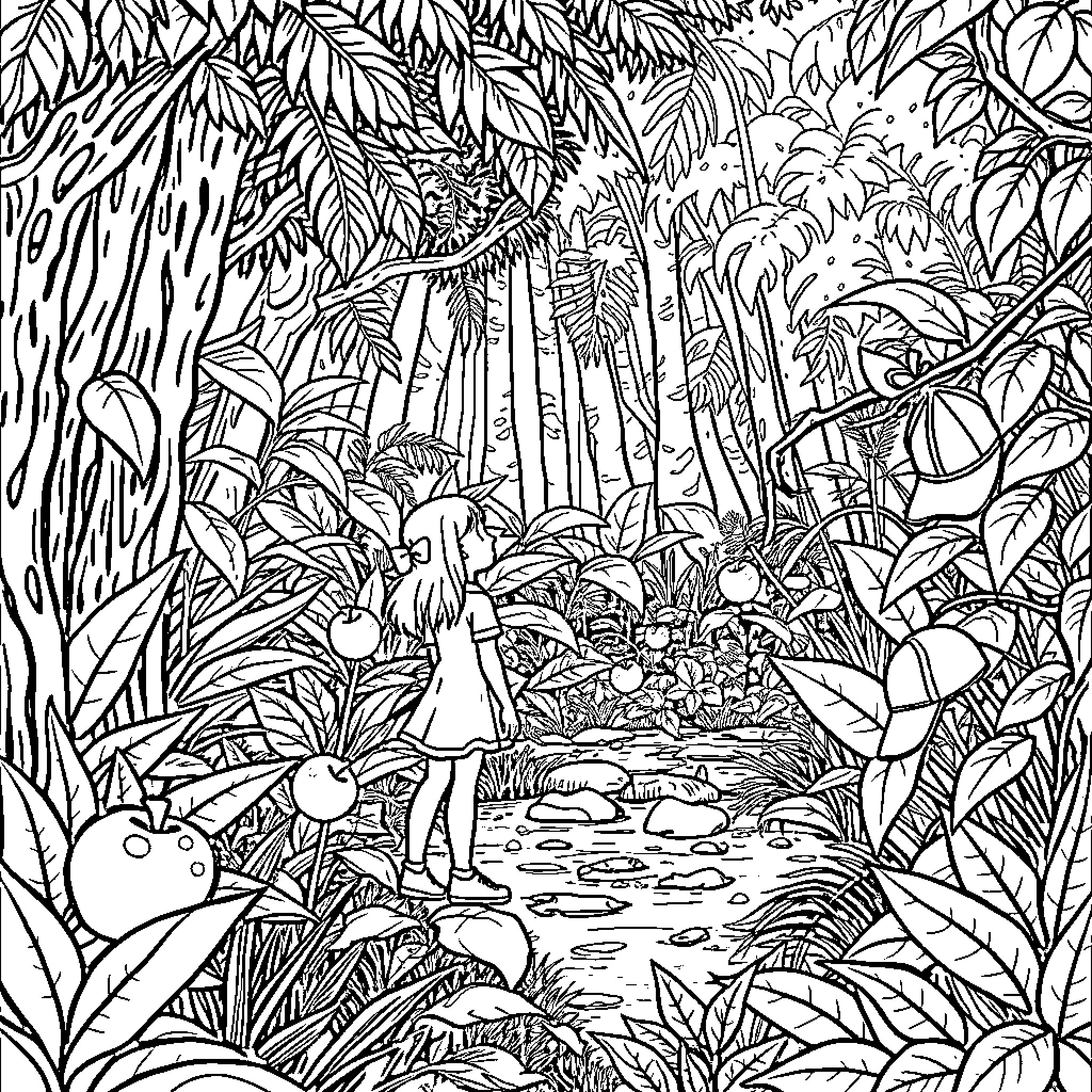 Girl exploring lush jungle landscape Coloring Page (free black-and-white line drawing printable PDF for all, from beginners to advanced learners, including children, teens, adults, and seniors)