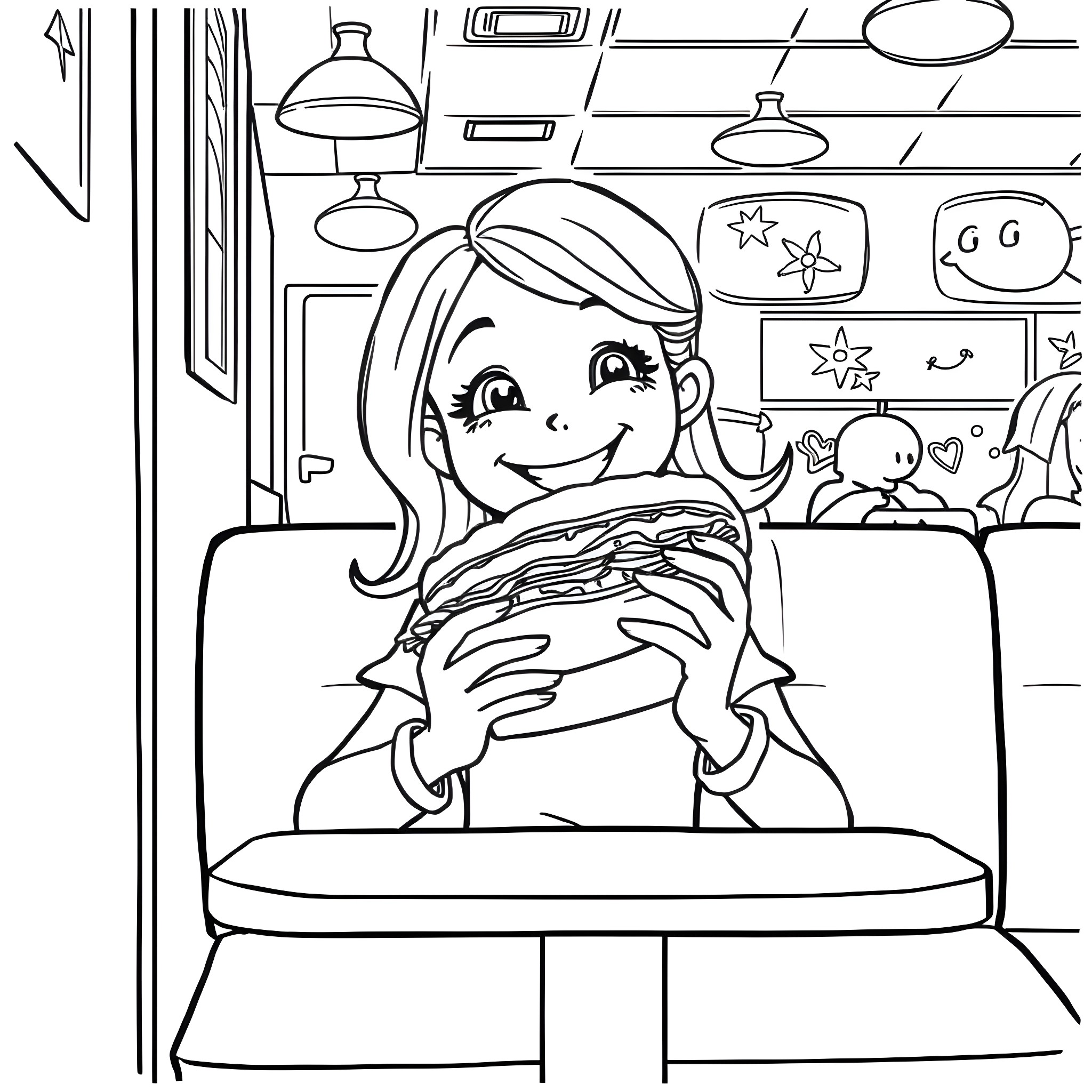 Girl enjoying a cozy afternoon at home Coloring Page (free black-and-white line drawing printable PDF for all, from beginners to advanced learners, including children, teens, adults, and seniors)