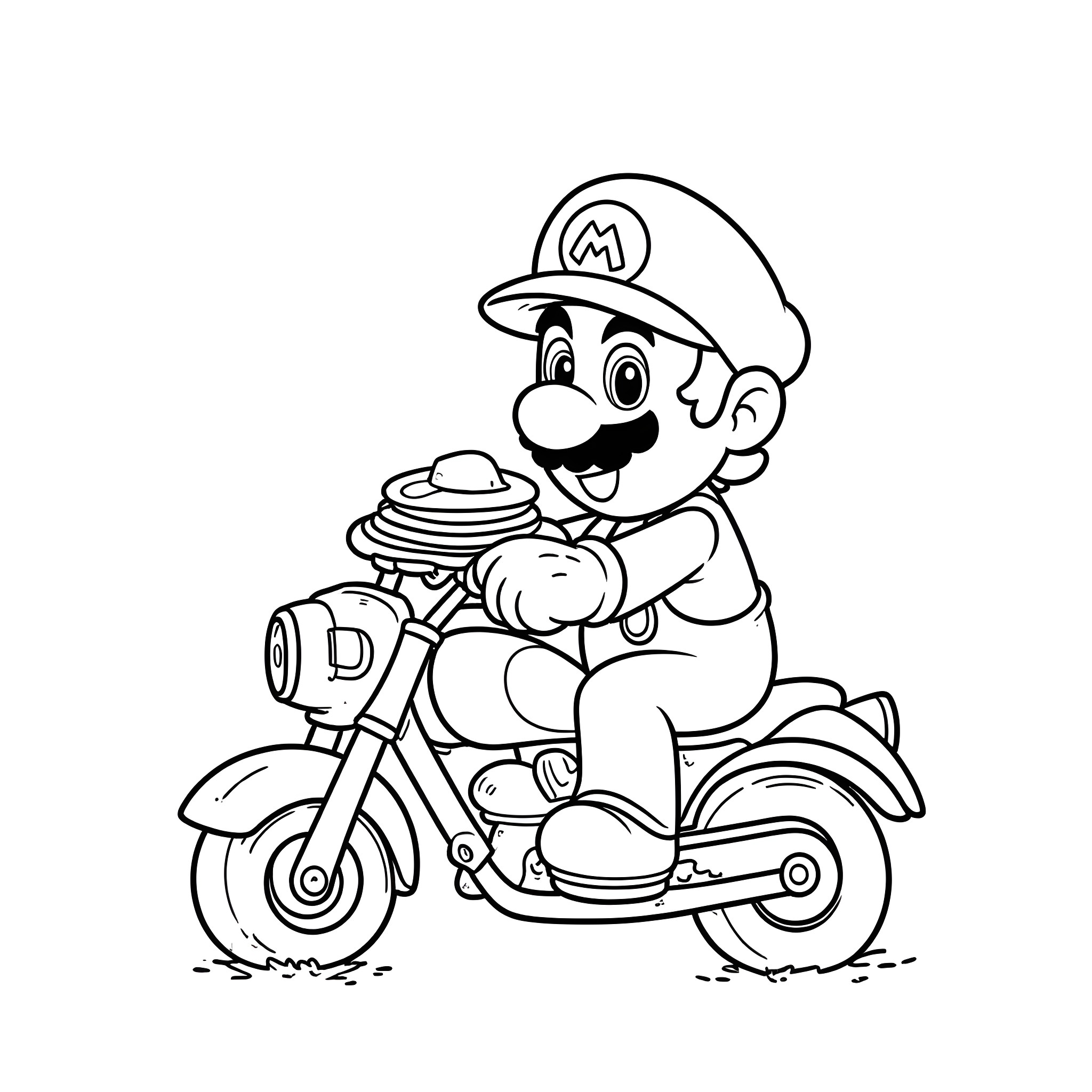 Mario riding a motorcycle with enthusiasm Coloring Page (free black-and-white line drawing printable PDF for all, from beginners to advanced learners, including children, teens, adults, and seniors)