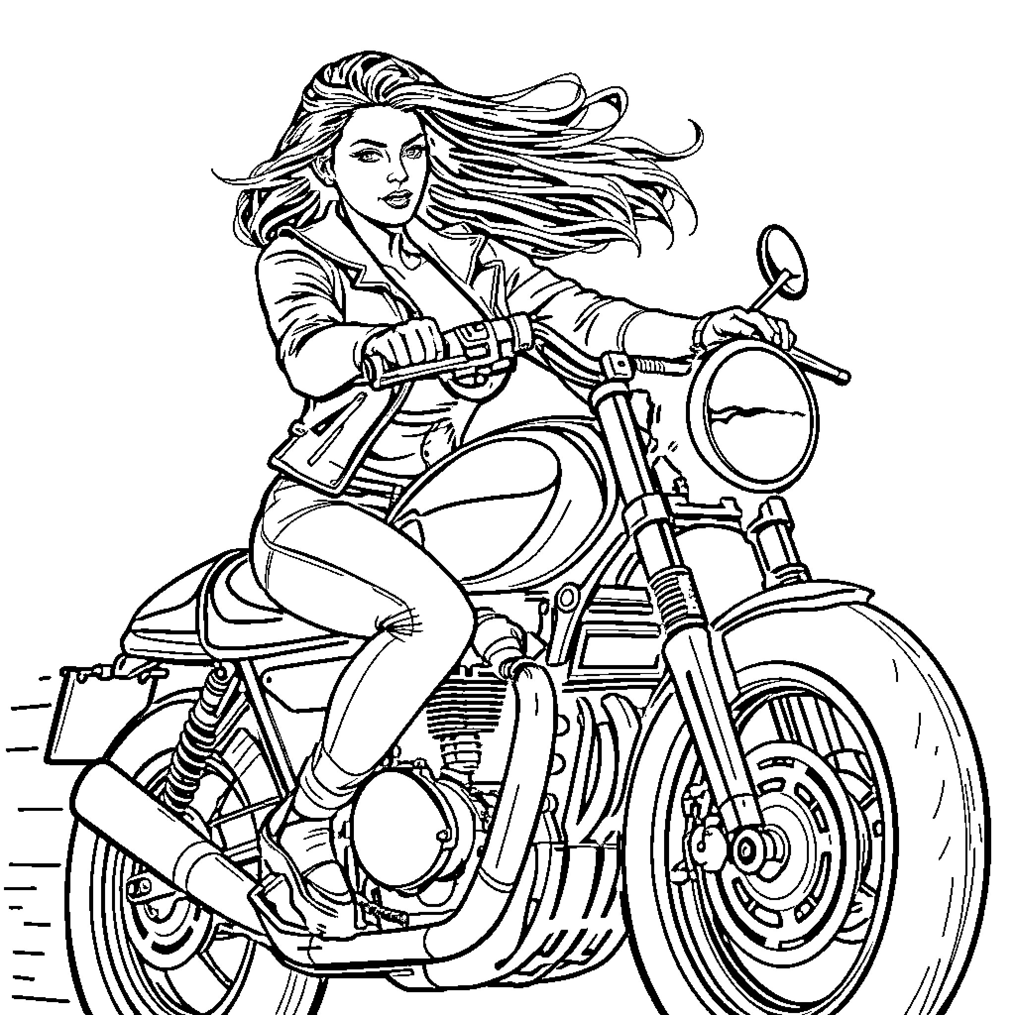 Motorcycle rider with flowing hair in action Coloring Page (free black-and-white line drawing printable PDF for all, from beginners to advanced learners, including children, teens, adults, and seniors)
