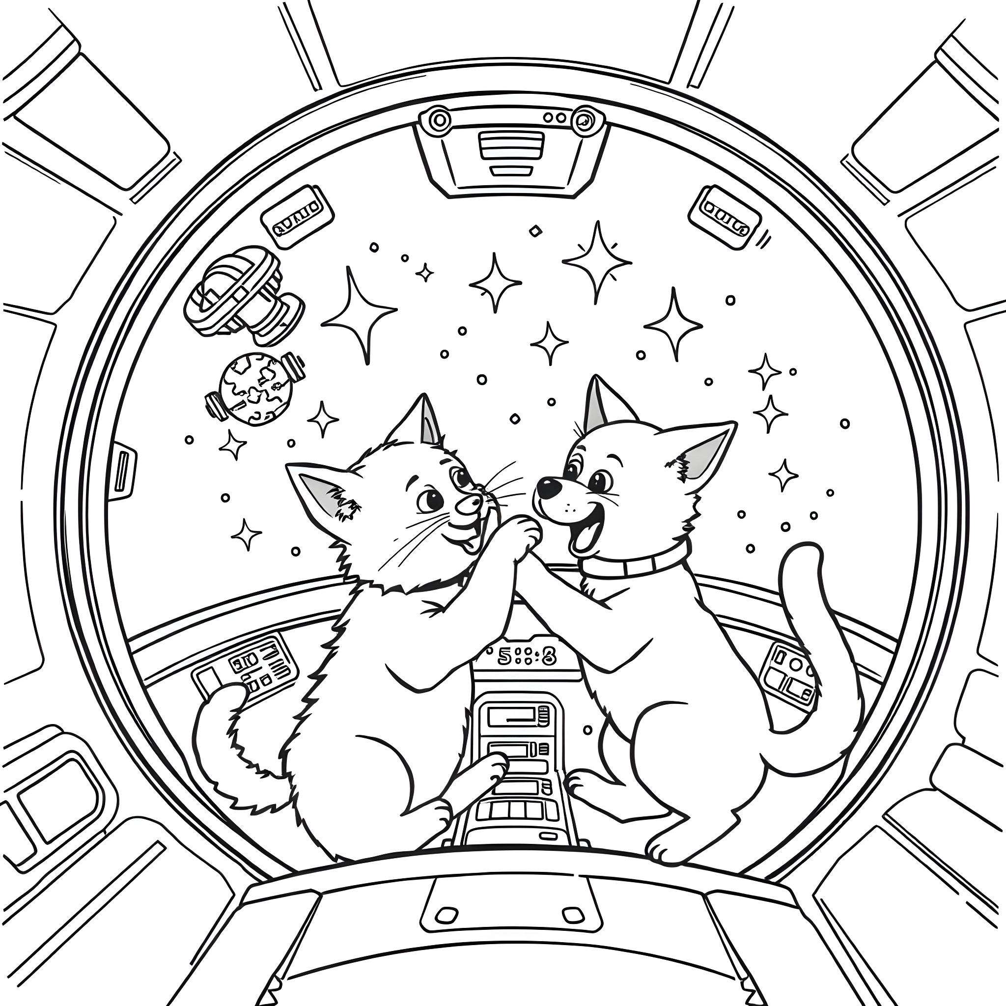 Cat astronauts exploring the galaxy Coloring Page (free black-and-white line drawing printable PDF for all, from beginners to advanced learners, including children, teens, adults, and seniors)