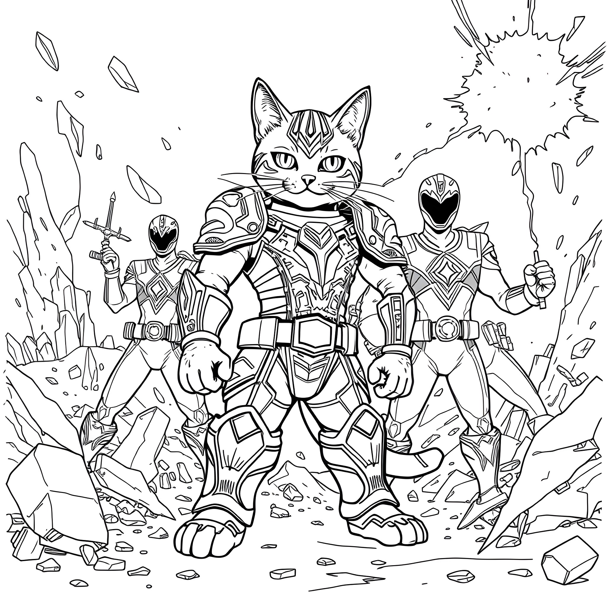 Cat Superhero Battles Alongside Armored Warriors Coloring Page (free black-and-white line drawing printable PDF for all, from beginners to advanced learners, including children, teens, adults, and seniors)