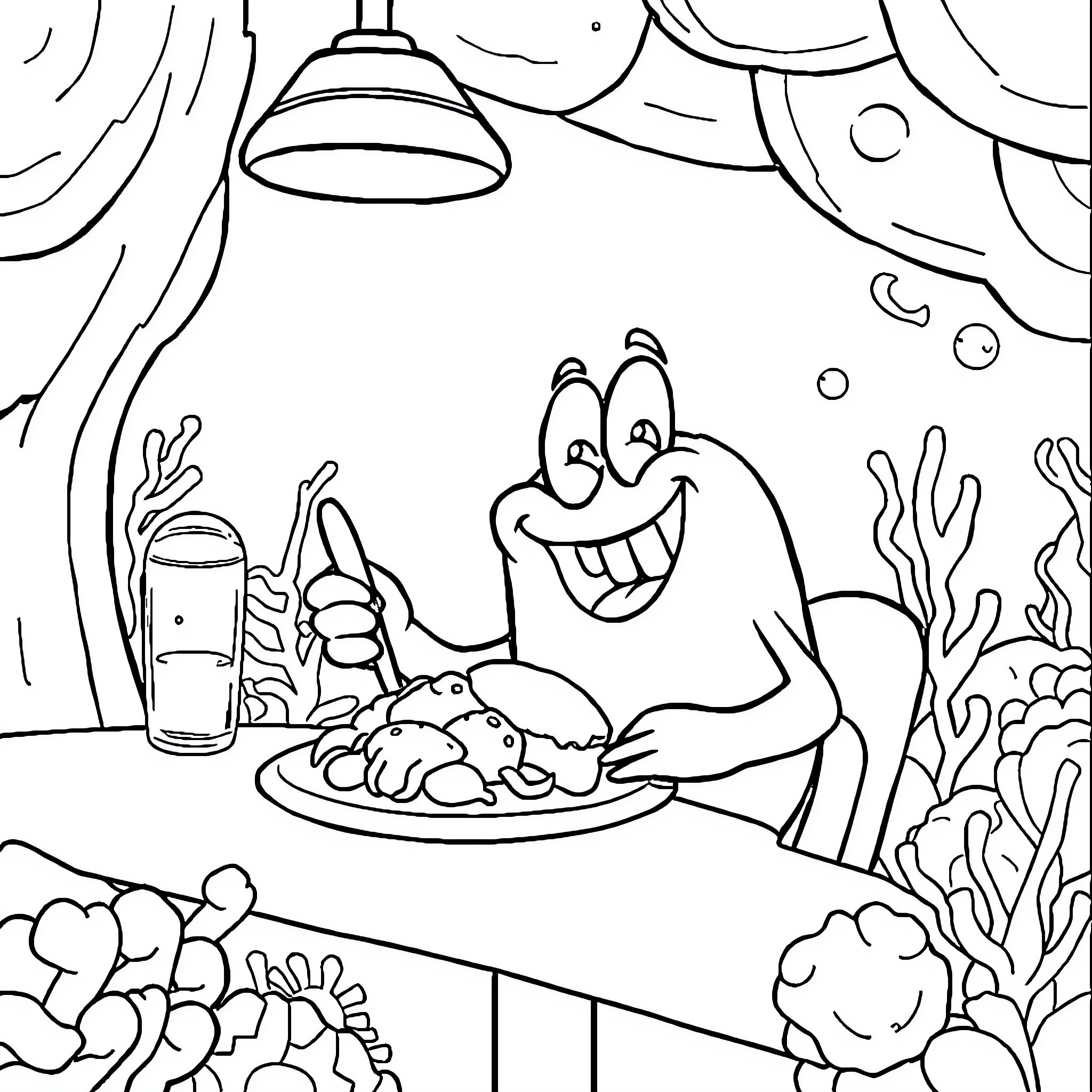 Bob l'éponge enjoying a seafood feast Coloring Page (free black-and-white line drawing printable PDF for all, from beginners to advanced learners, including children, teens, adults, and seniors)