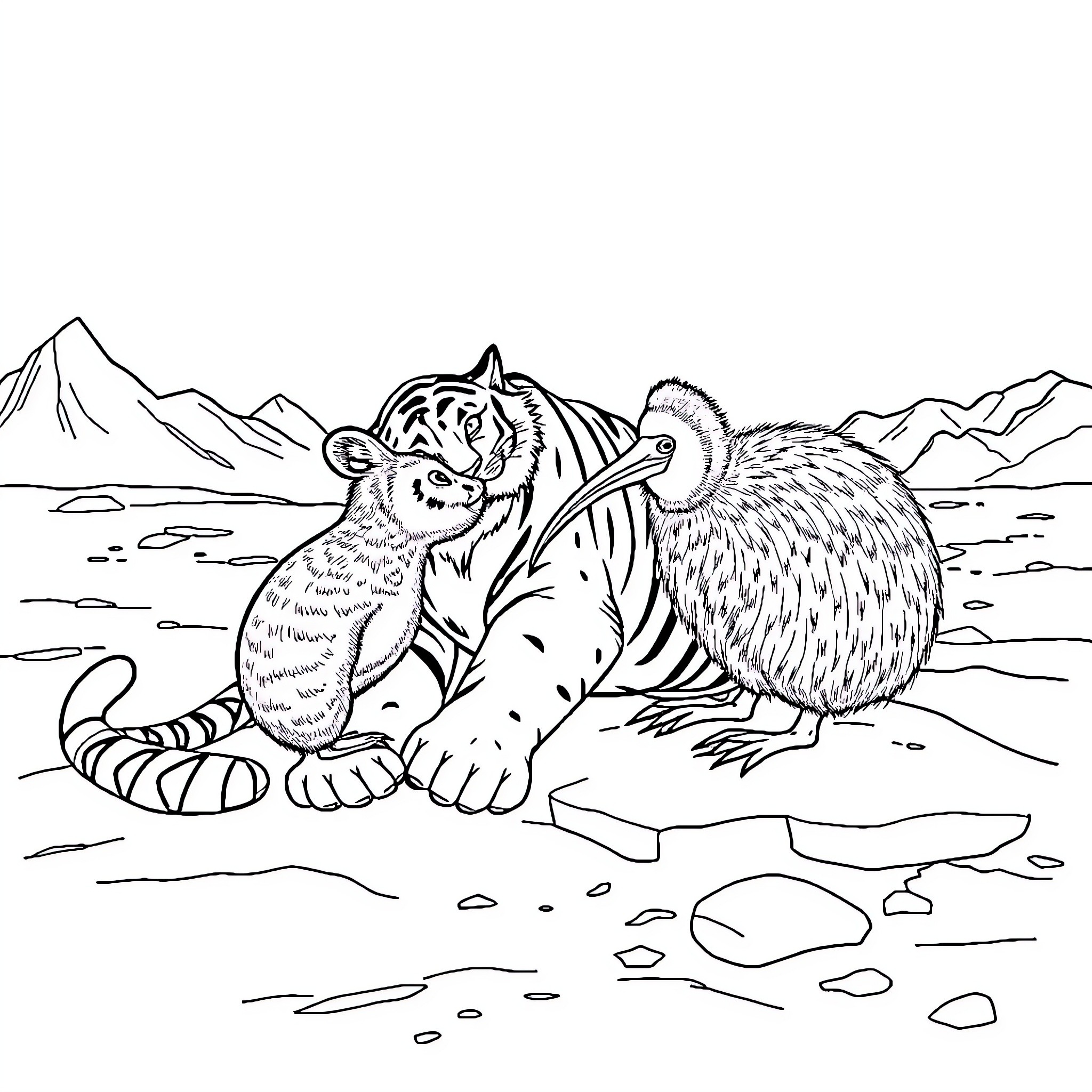 Tiger playing with squirrel in snowy mountain landscape Coloring Page (free black-and-white line drawing printable PDF for all, from beginners to advanced learners, including children, teens, adults, and seniors)