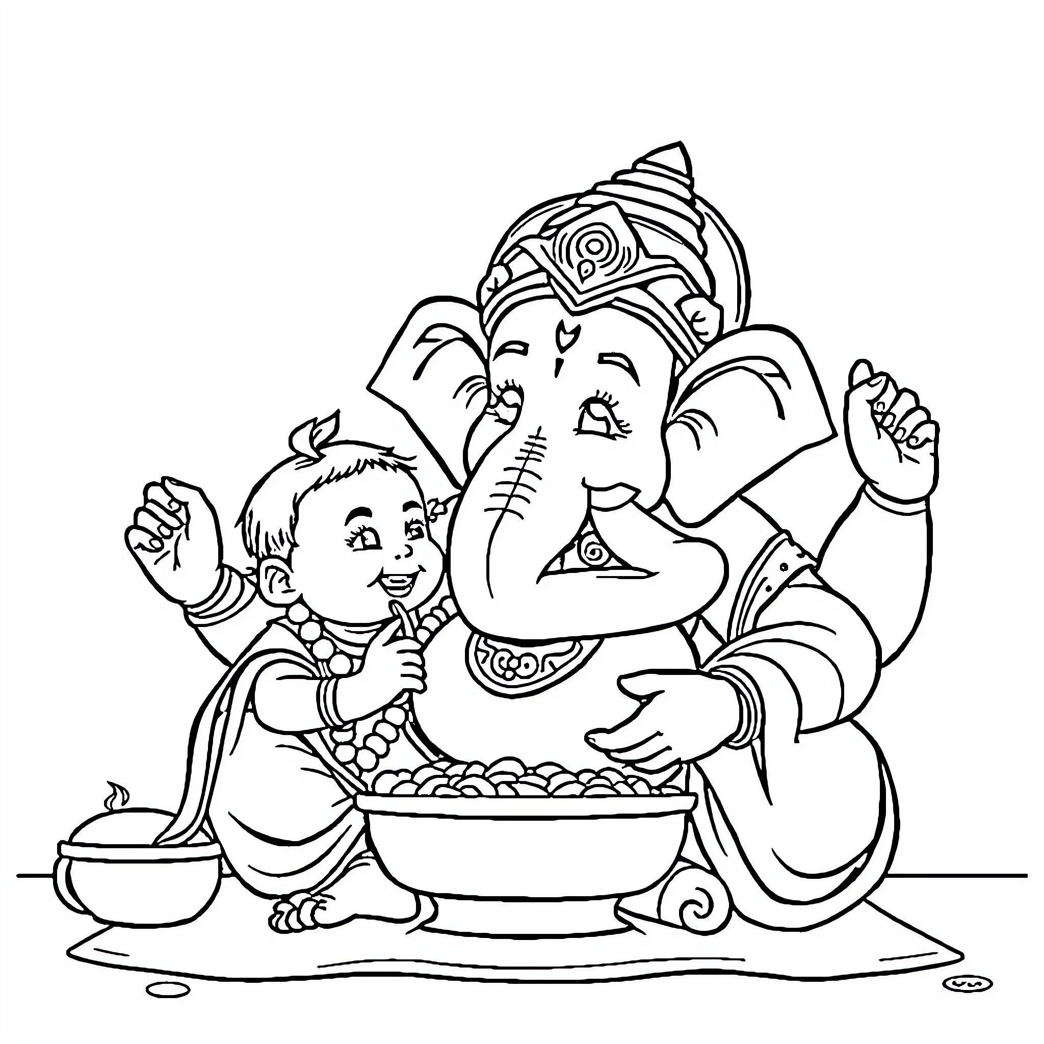 Ganpati enjoying a delightful feast with a young devotee Coloring Page (free black-and-white line drawing printable PDF for all, from beginners to advanced learners, including children, teens, adults, and seniors)