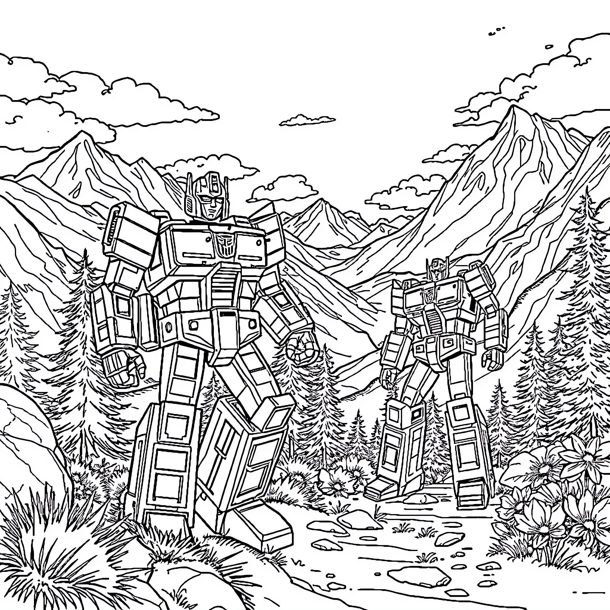 Transformer robots exploring mountainous terrain Coloring Page (free black-and-white line drawing printable PDF for all, from beginners to advanced learners, including children, teens, adults, and seniors)