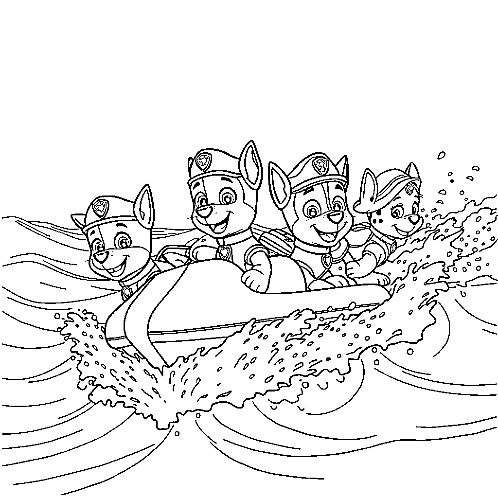 Paw Patrol enjoying a fun boat ride in the waves Coloring Page (free black-and-white line drawing printable PDF for all, from beginners to advanced learners, including children, teens, adults, and seniors)