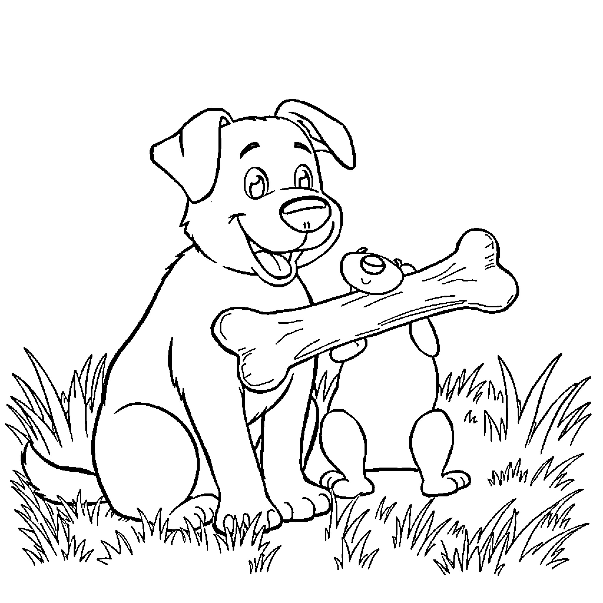 Dog enjoying a giant bone in the grass Coloring Page (free black-and-white line drawing printable PDF for all, from beginners to advanced learners, including children, teens, adults, and seniors)